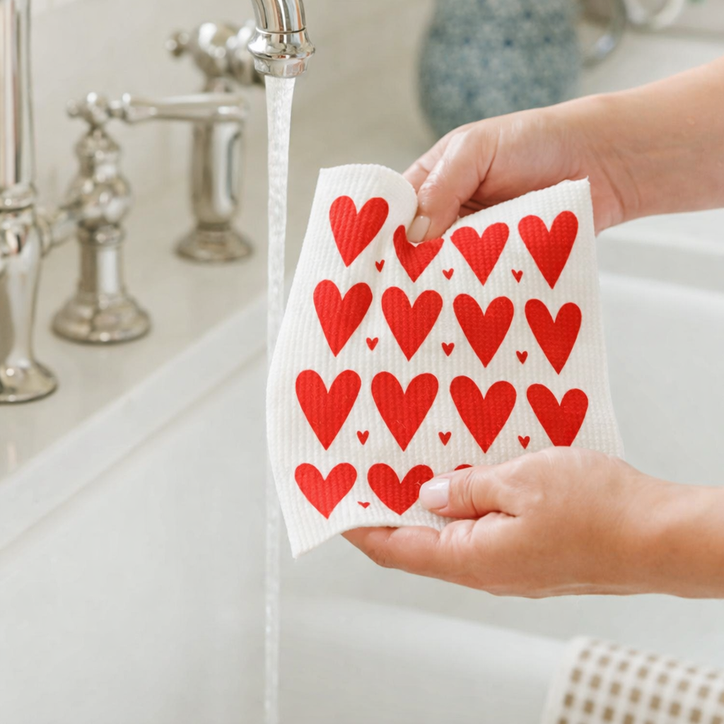 Rosy Red Hearts Swedish Dishcloth