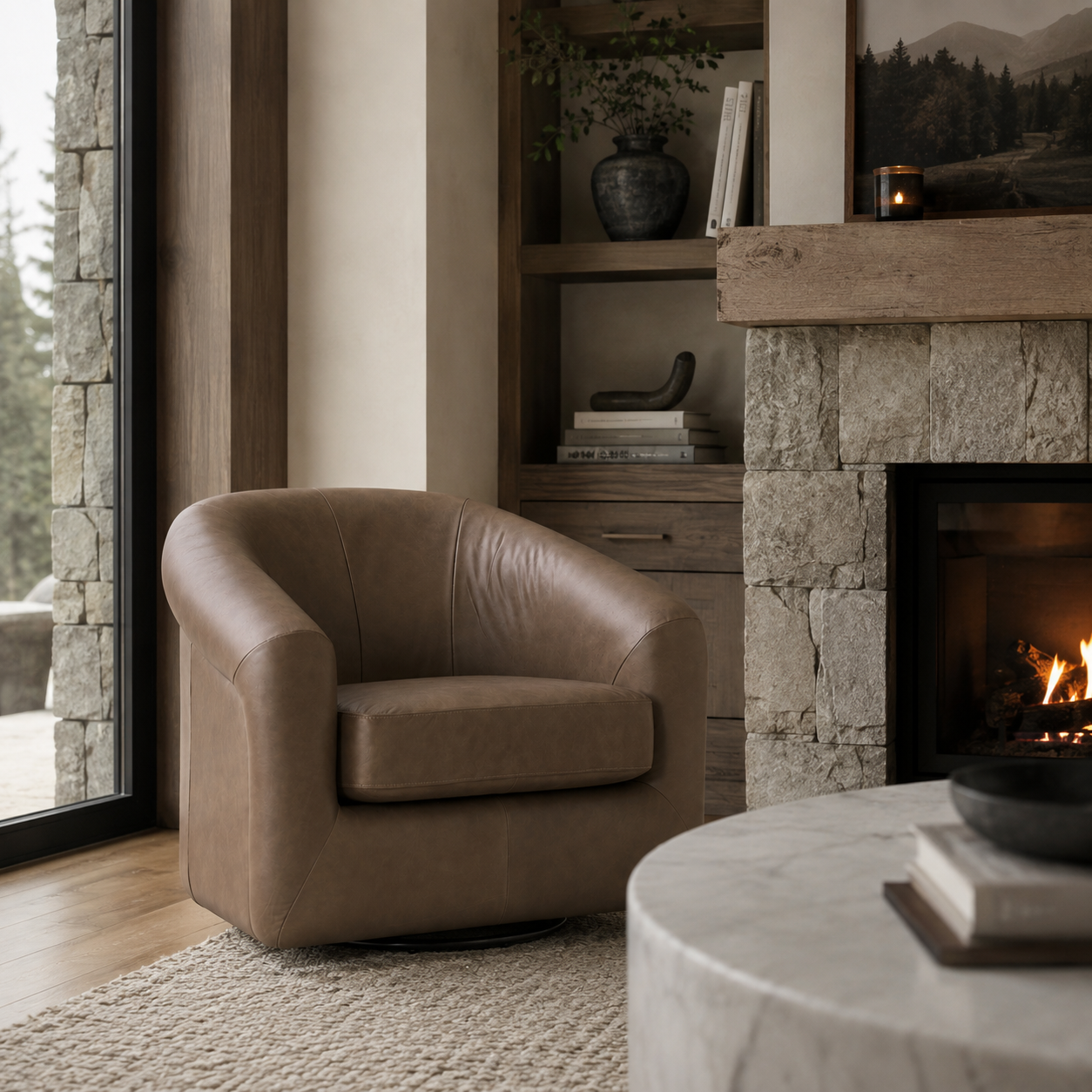 Woolwich Swivel Lounge Chair - Concord Pewter Leather