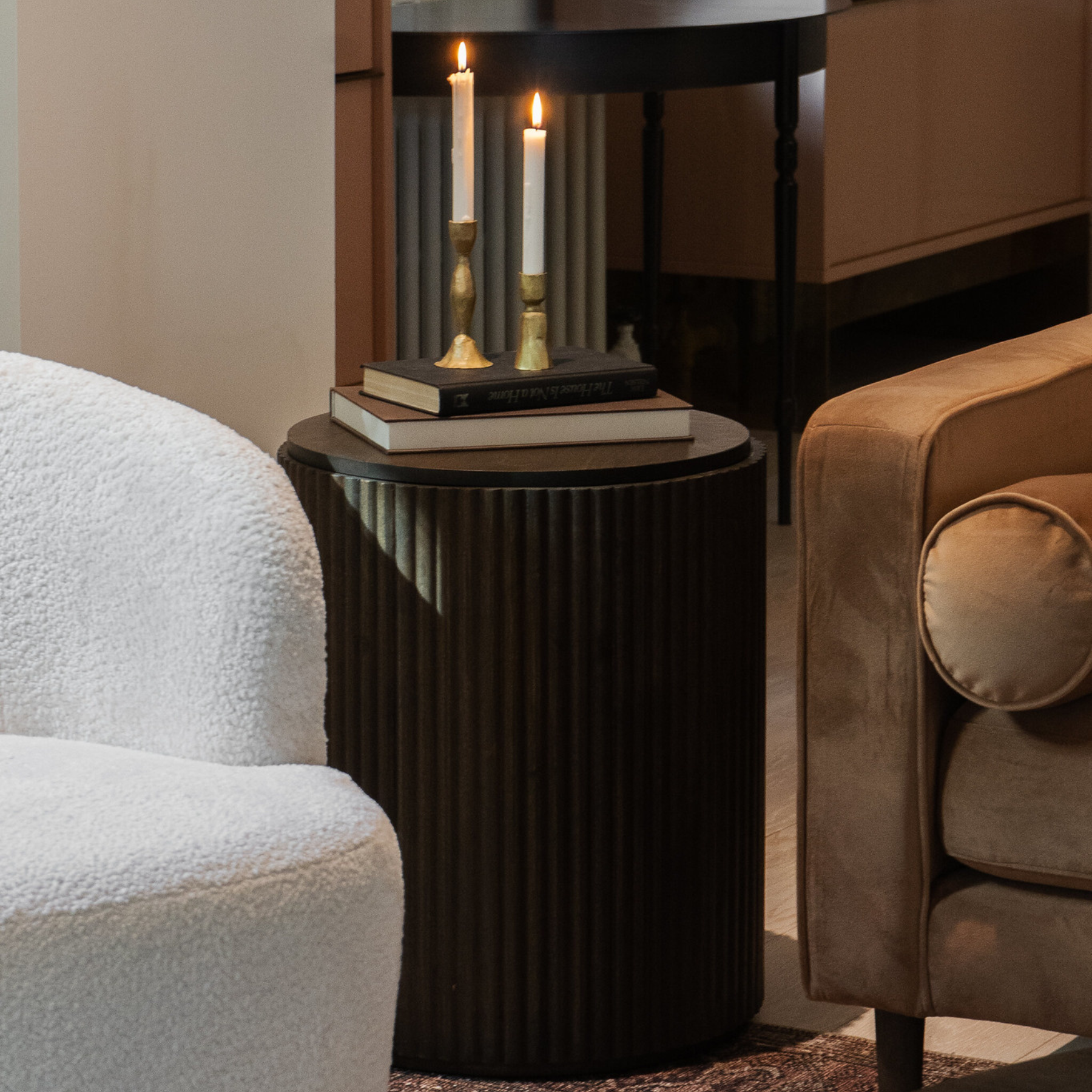 Fluted Espresso Brown Side Table w/ Storage