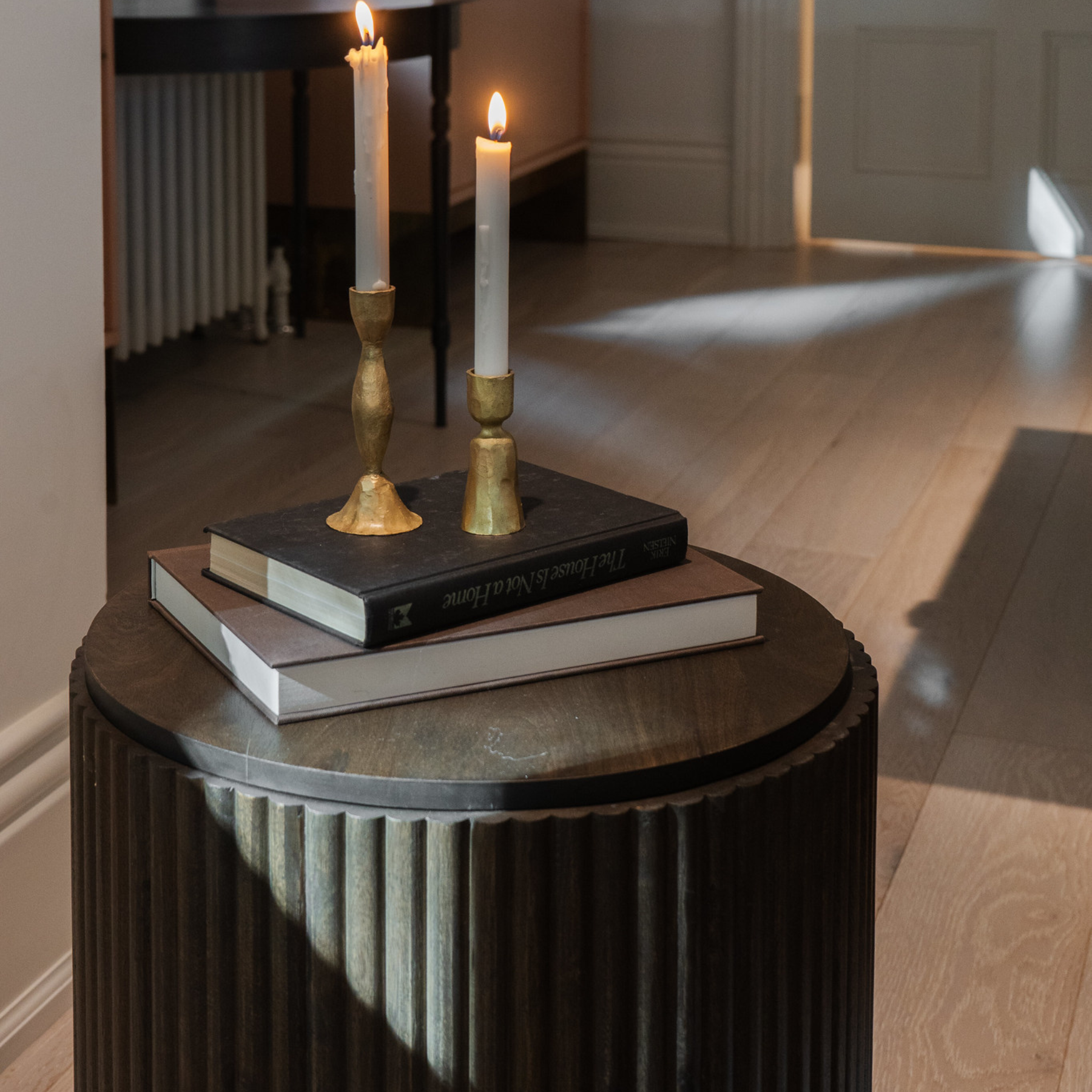 Fluted Espresso Brown Side Table w/ Storage