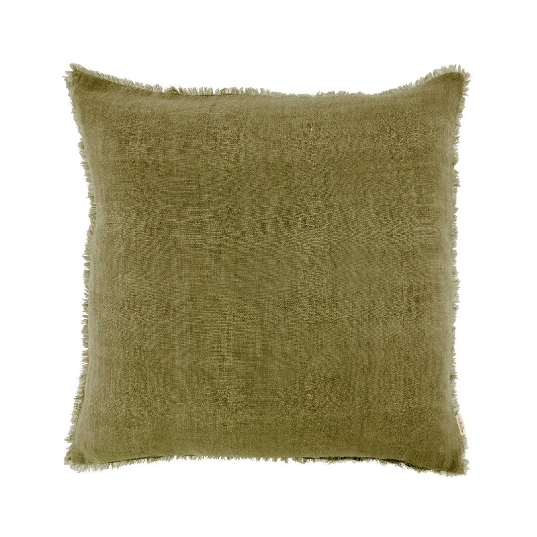 Premium square Belgian linen pillow, down filling, warm dark moss colour, fringe along edges