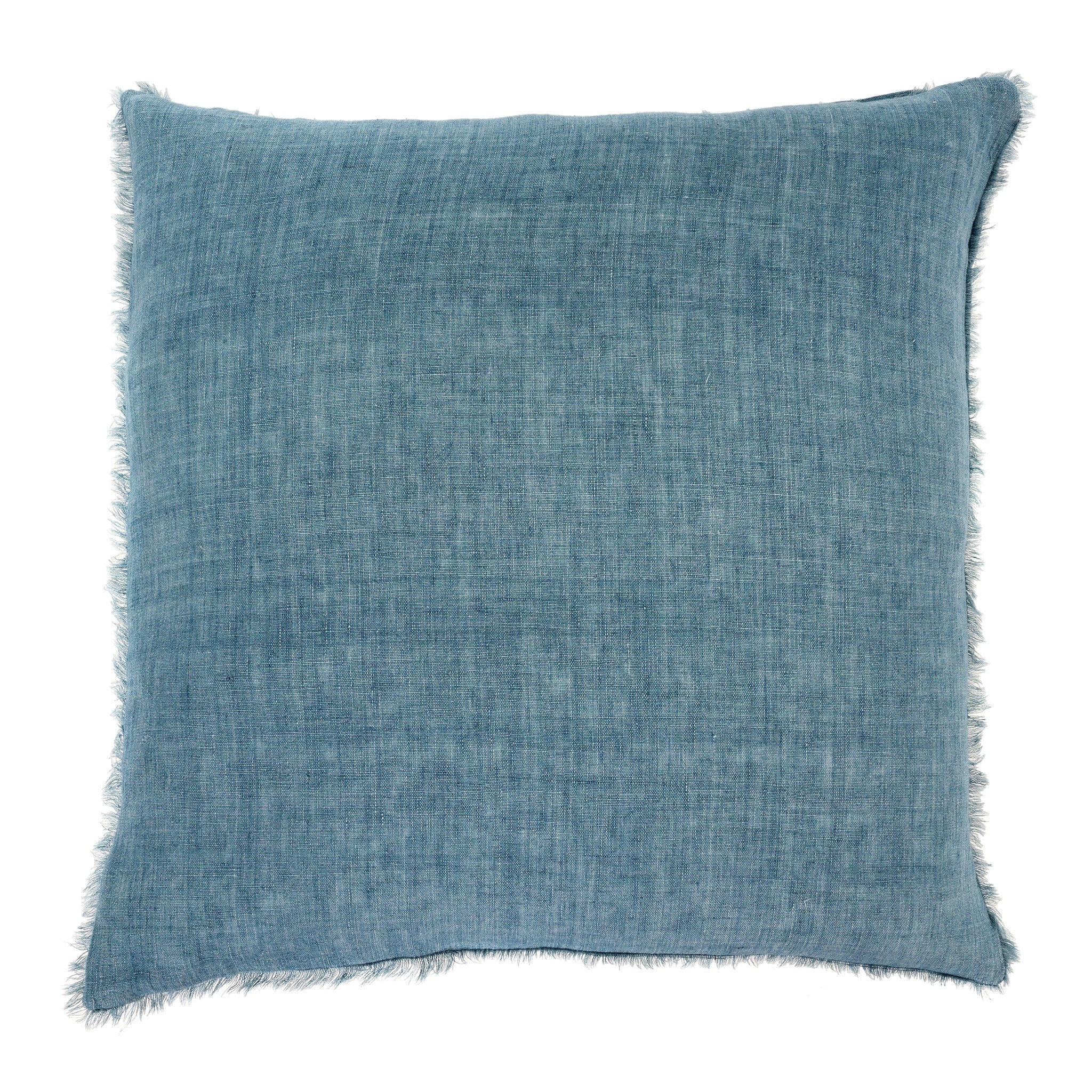 Premium square Belgian linen pillow, down filling, rich arctic blue colour, eyelash fringe along edges