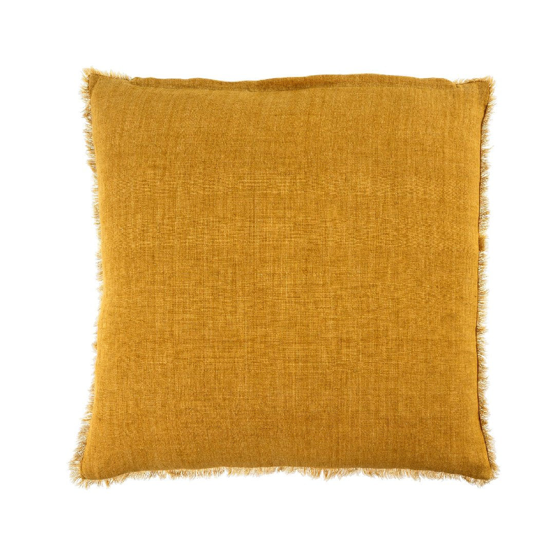 Premium square Belgian linen pillow, down filling, warm rich honey colour, fringe along edges