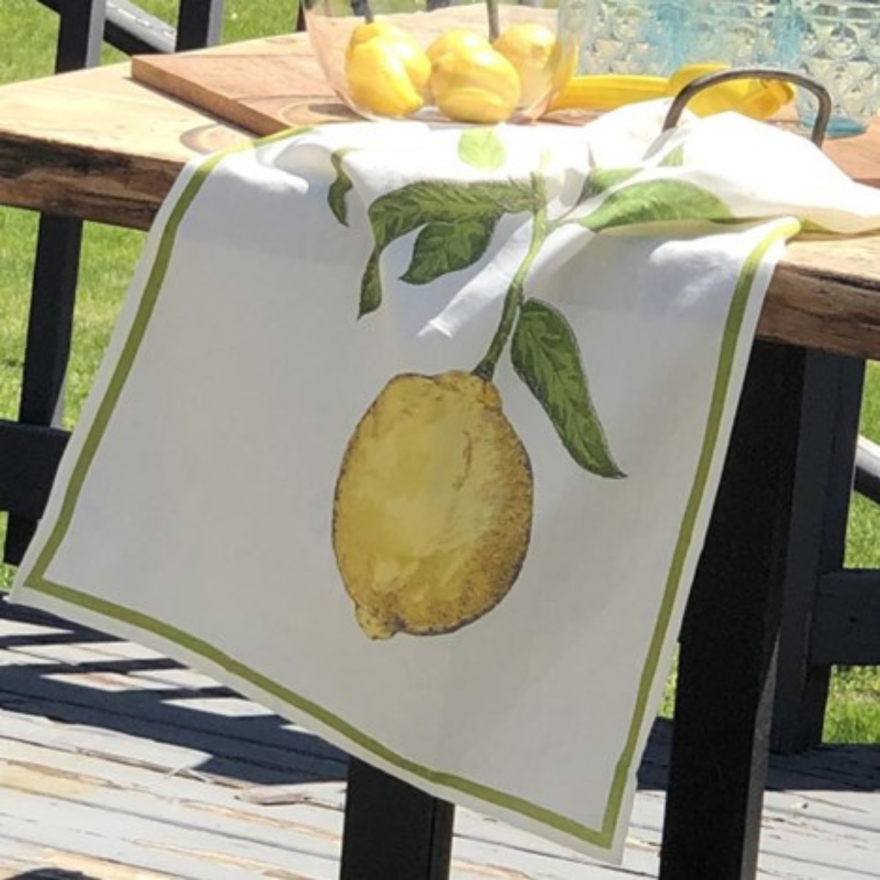Premium white cotton tea towels, set of 2 , white with chartreuse green band around edge, large whimsical picture of one yellow lemon and green leaves