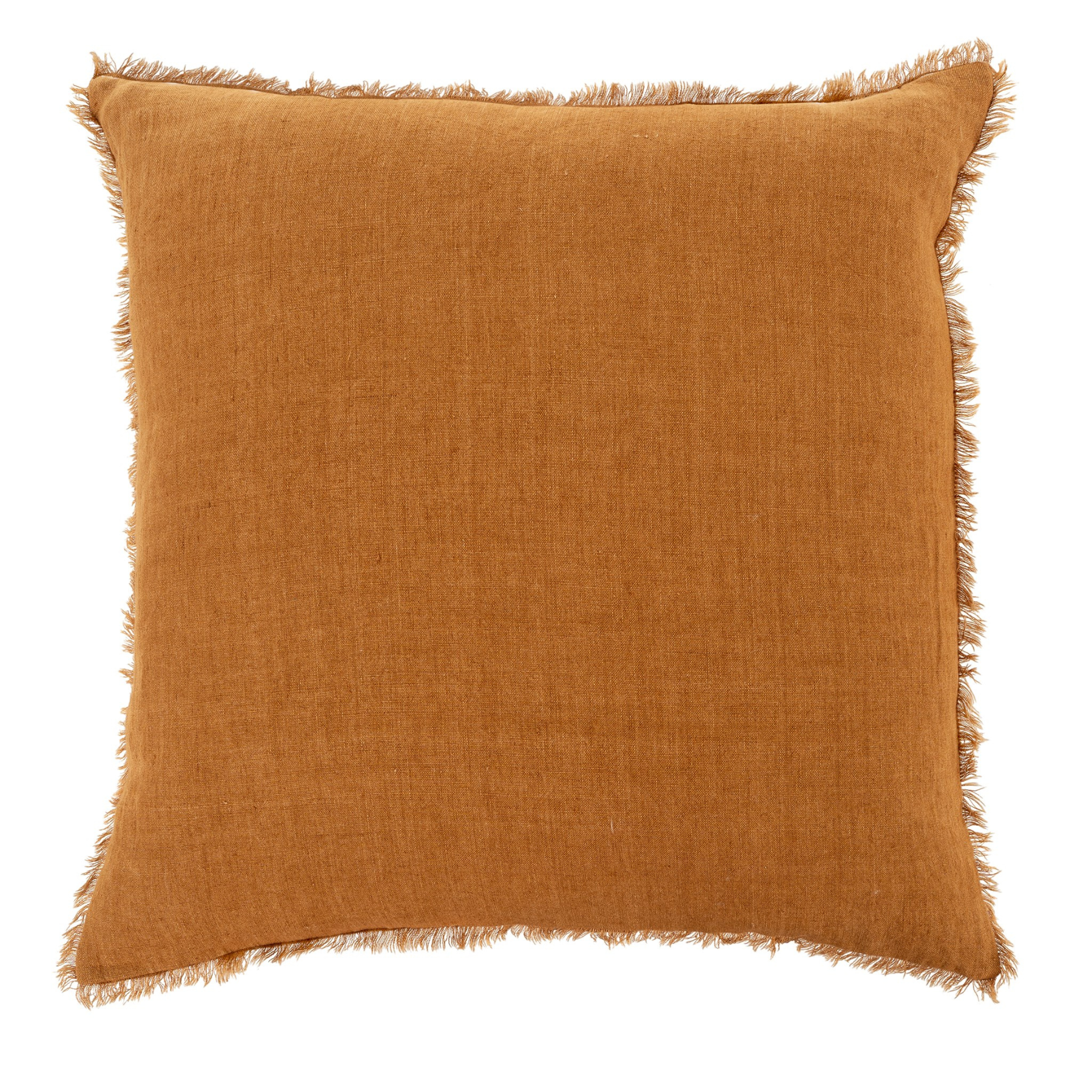 Premium square Belgian linen pillow, down filling, rooibos colour, eyelash fringe along edges