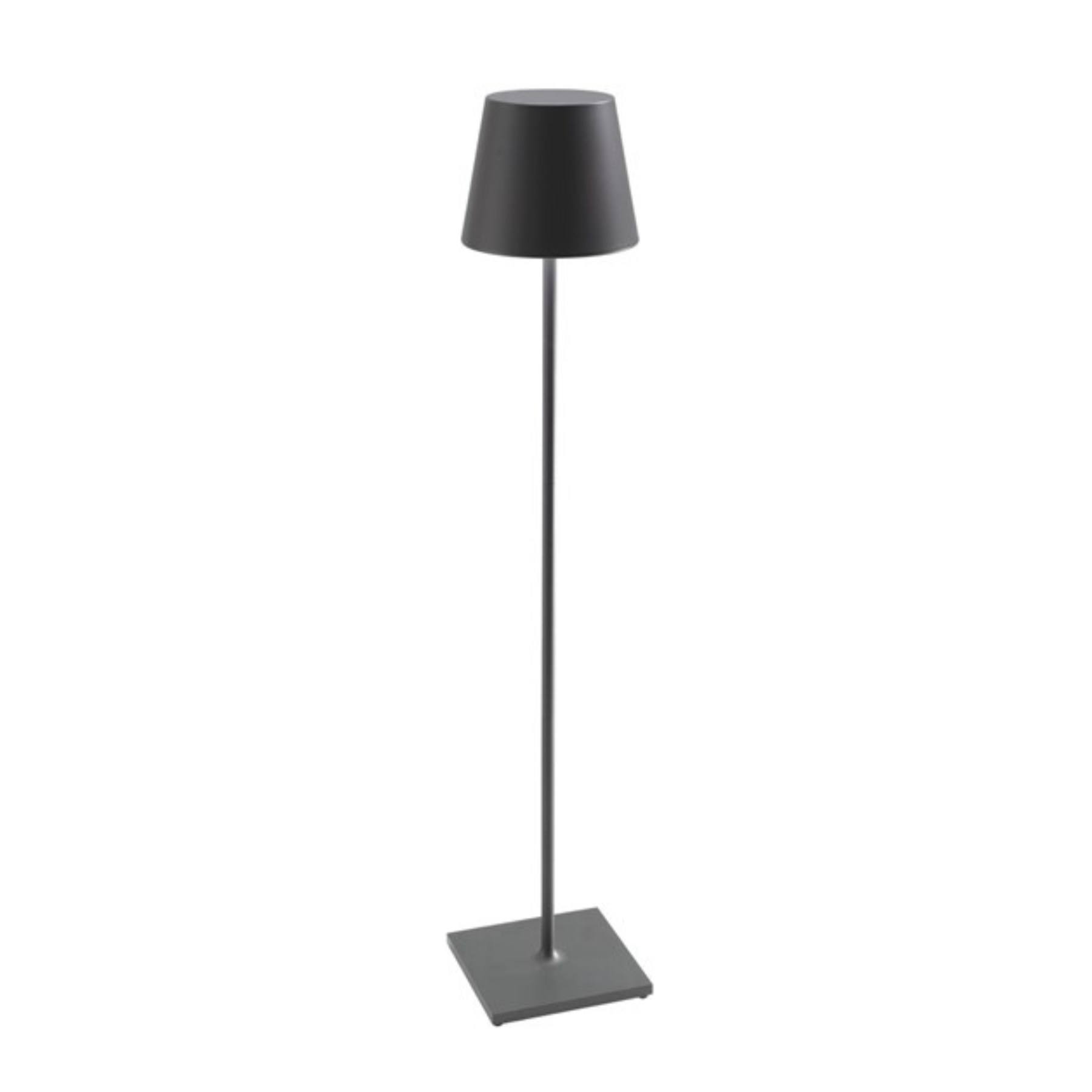 Premium indoor/outdoor contemporary cordless lamp, sleek simple shade, thin tubular column, thin profile square base, dark grey