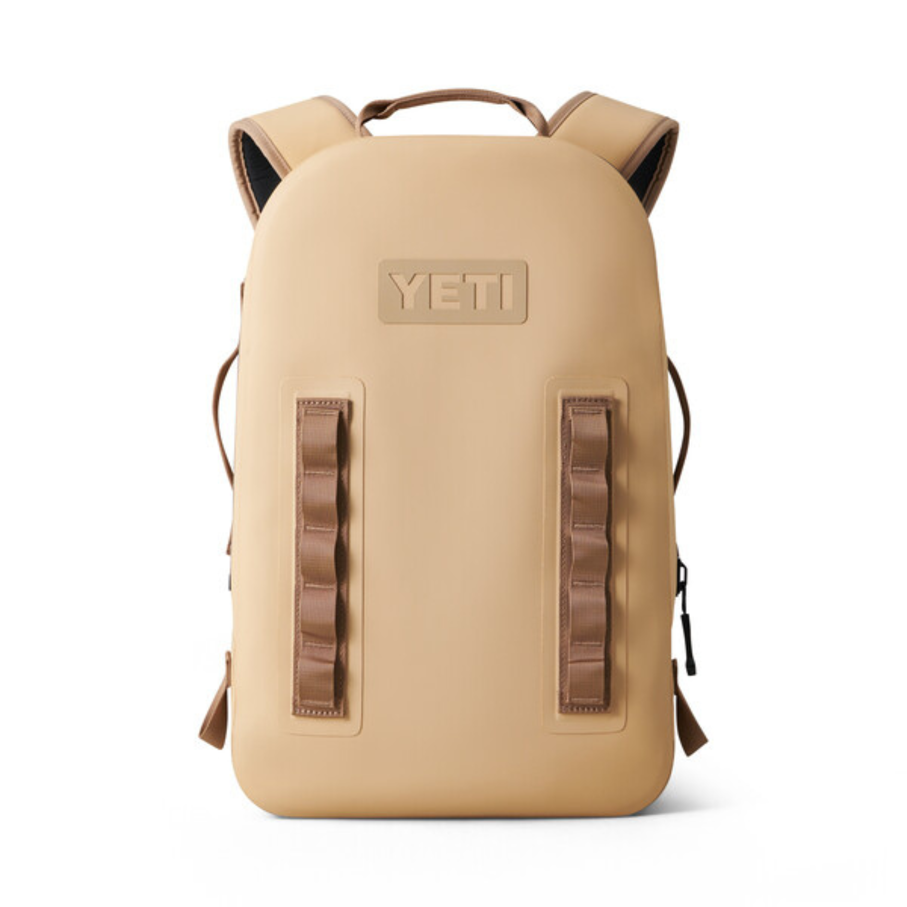 Yeti 28L premium tan backpak, submersible, shoulder straps, handle at top, chest and waist belt