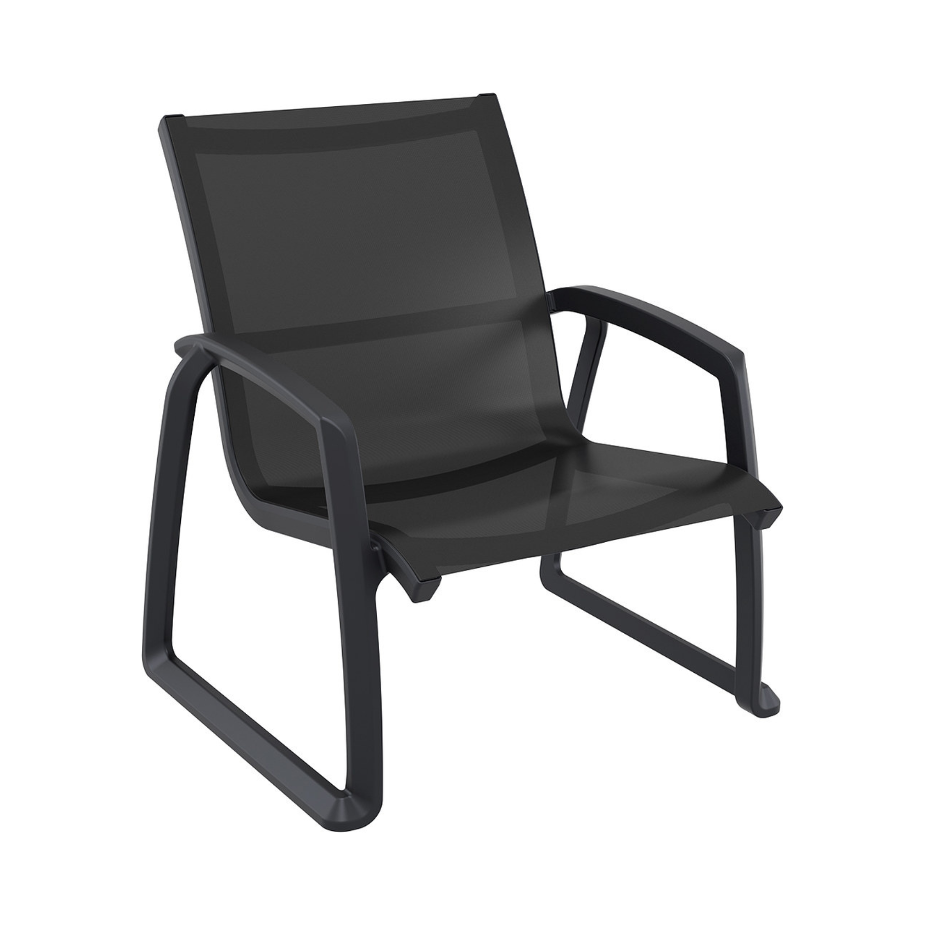 Ultra-modern stackable black outdoor lounge chair with rounded arms and black mesh sling seat