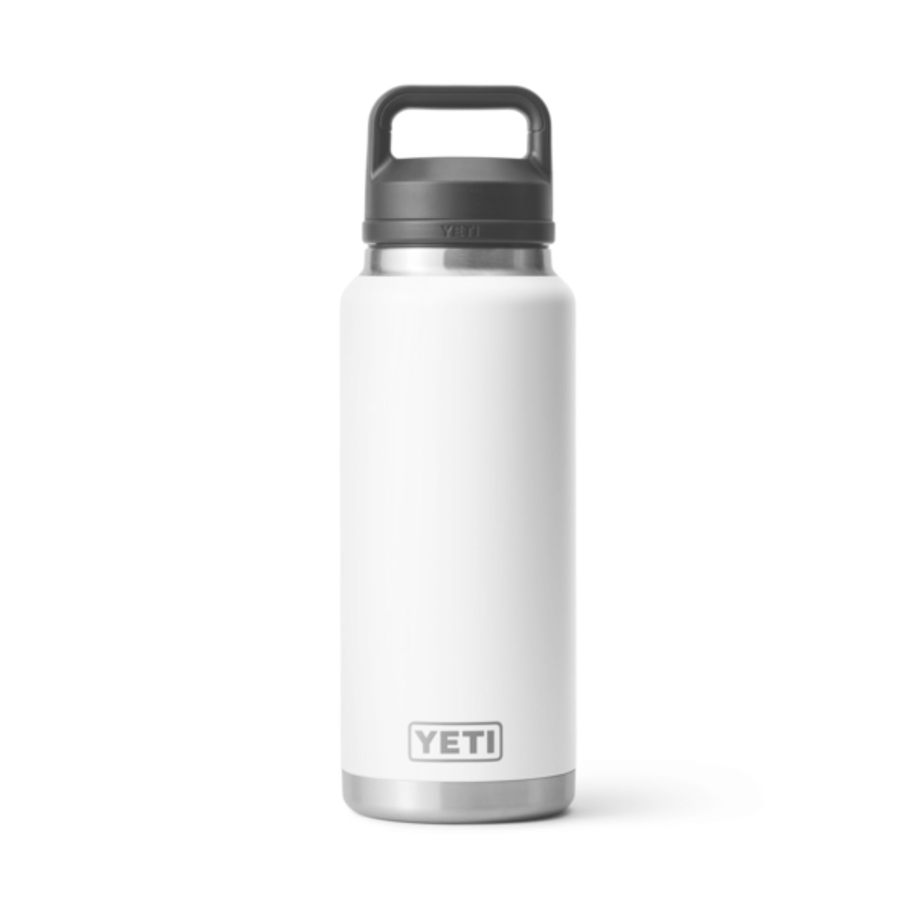 Yeti 36oz stainless steel 100% leak proof Rambler with removable chug cap, white Duracoat colour, lid has handle for easy carrying, cylindrical shape