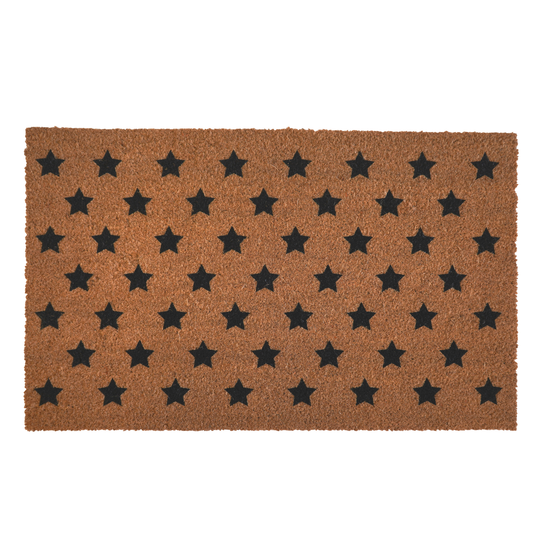 Premium outdoor sand coloured rug, hand made from coarse Coconut Husk Fiber with a rubber backing. Sand coloured with many solid black stars spread out.