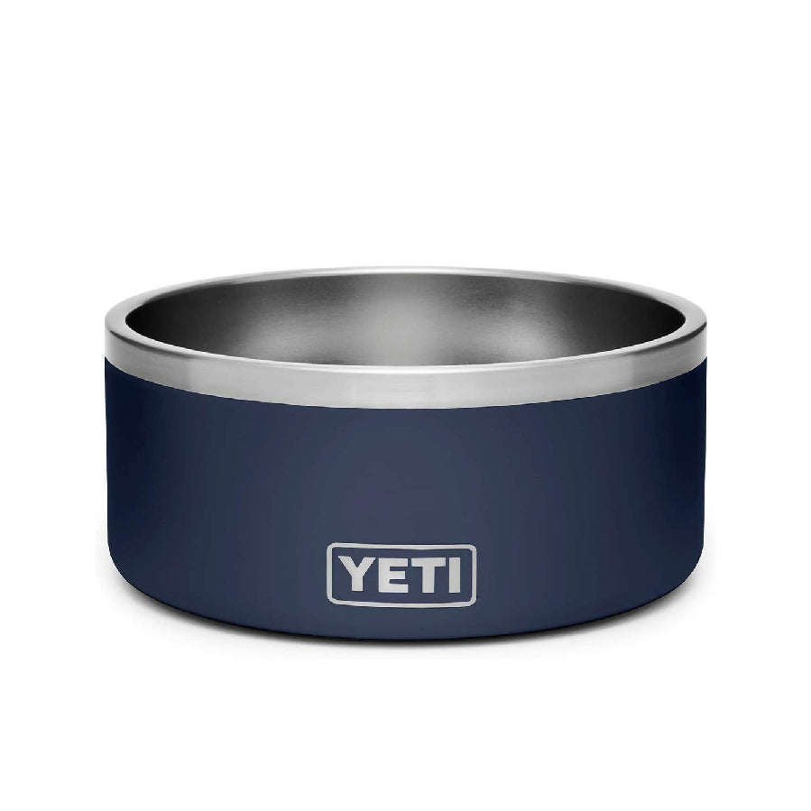 Yeti stainless steel navy blue insulated dog bowl, clean round shape, straight side walls, black non slip ring on bottom