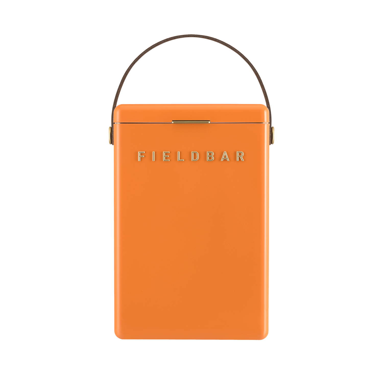 Premium rectangular Fieldbar drinks box cooler, brass letters and details, brown leather handle, modern, stylish, vintage looking, deep orange colour, 50 hour ice performance