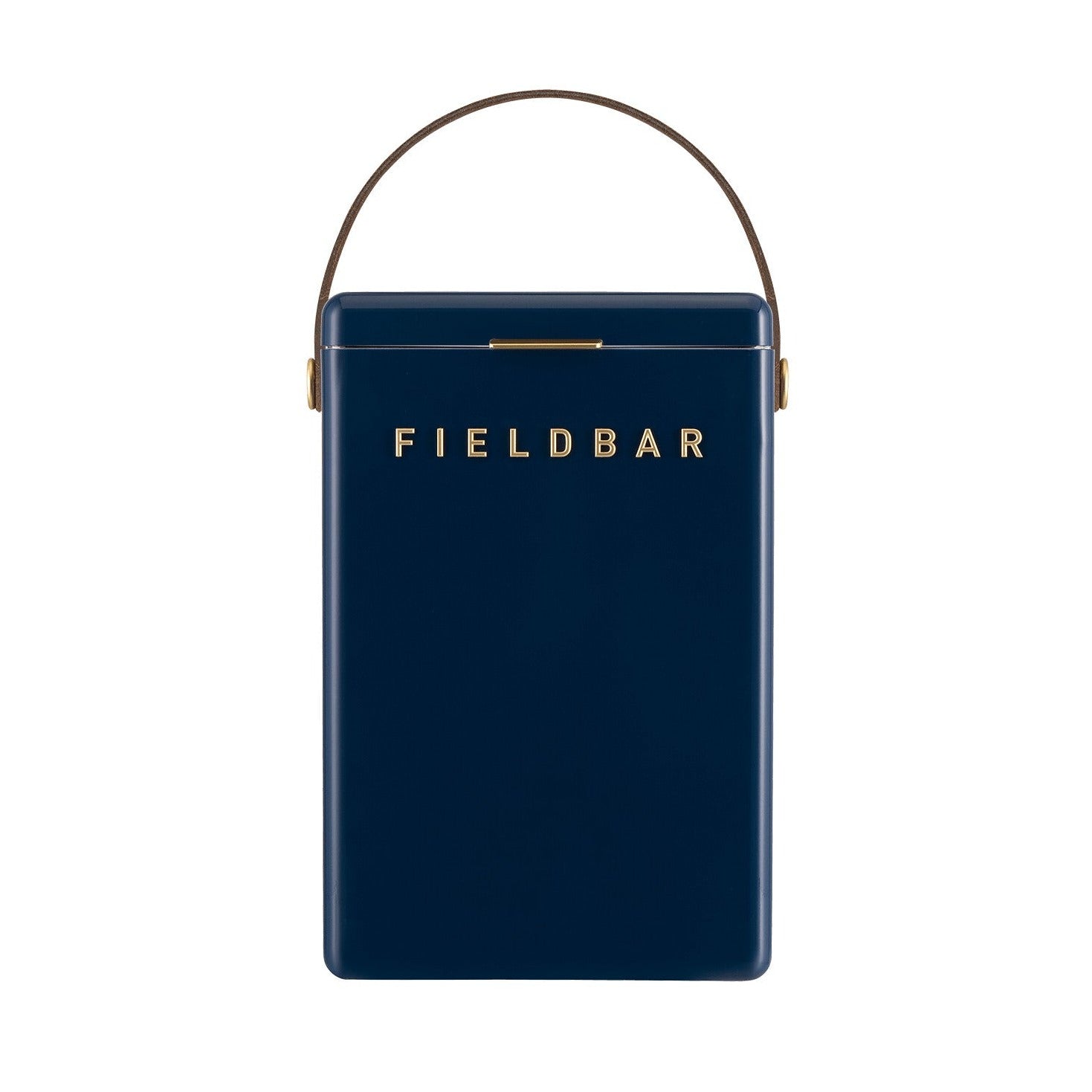 Premium rectangular Fieldbar drinks box cooler, brass letters and details, brown leather handle, modern, stylish, vintage looking, navy blue colour, 50 hour ice performance