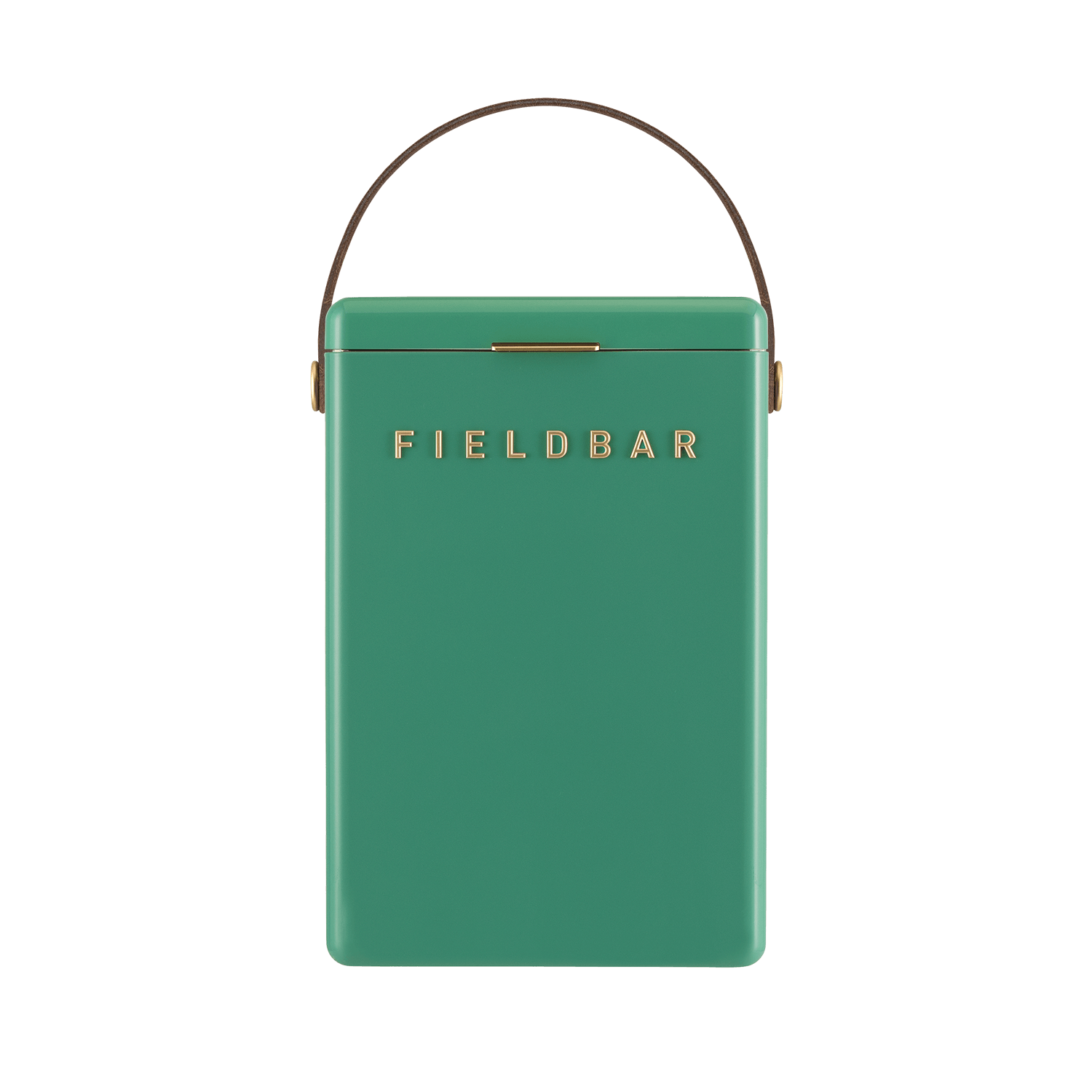 Premium rectangular Fieldbar drinks box cooler, brass letters and details, brown leather handle, modern, stylish, vintage looking, parisian sea green colour, 50 hour ice performance