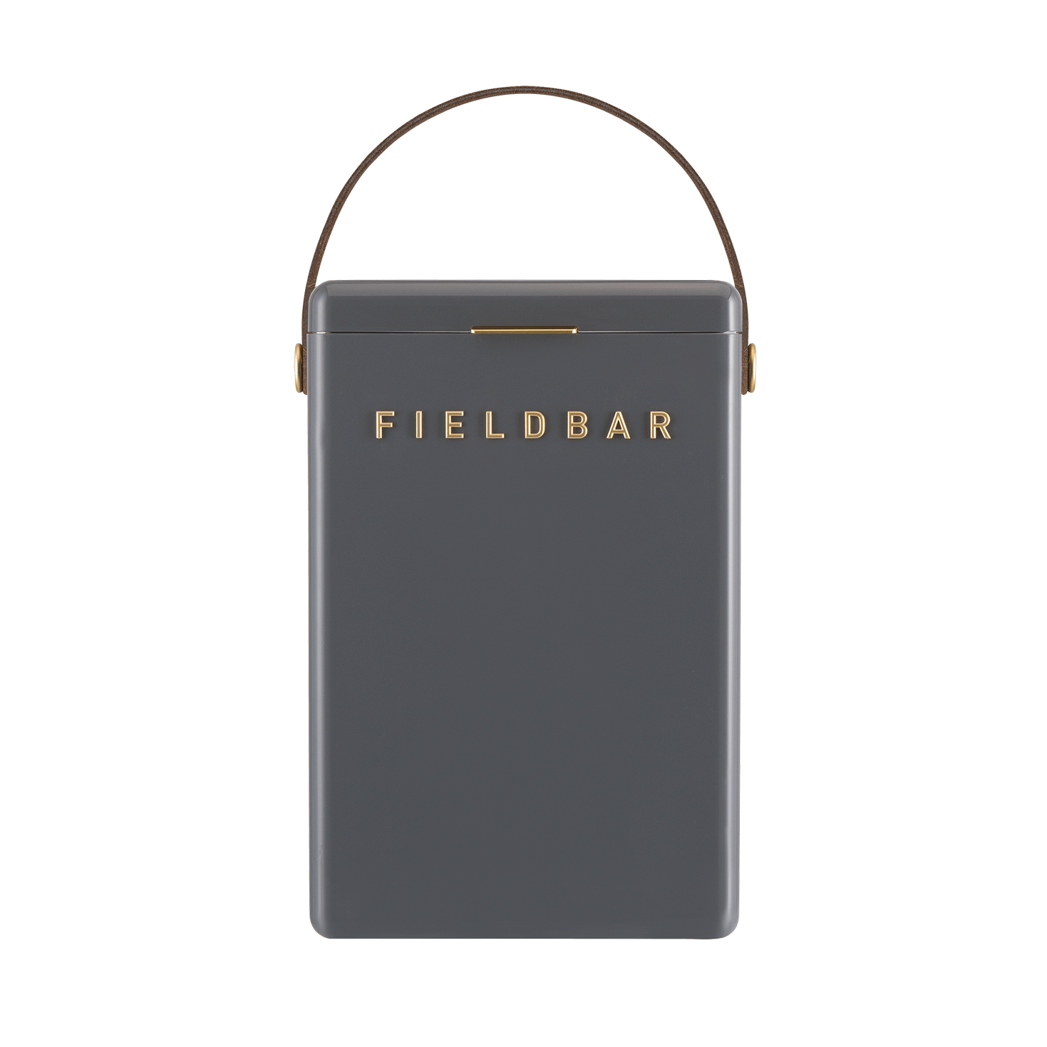 Premium rectangular Fieldbar drinks box cooler, brass letters and details, brown leather handle, modern, stylish, vintage looking, deep grey colour, 50 hour ice performance
