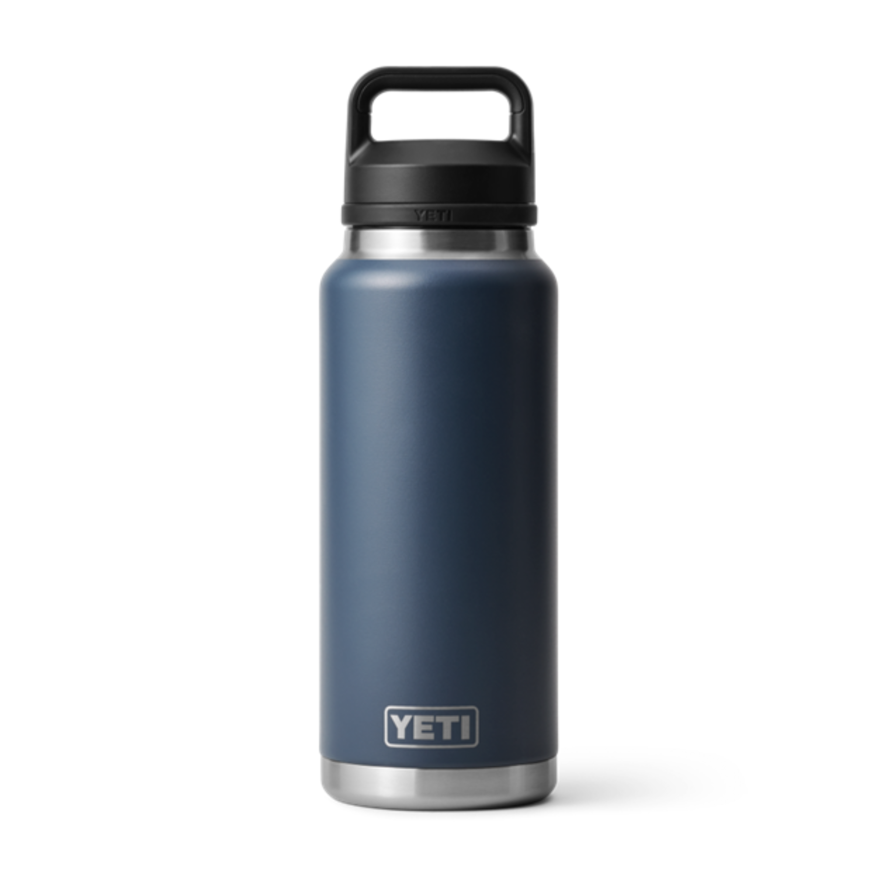 Yeti 36oz stainless steel 100% leak proof Rambler with removable chug cap, navy Duracoat colour, lid has handle for easy carrying, cylindrical shape
