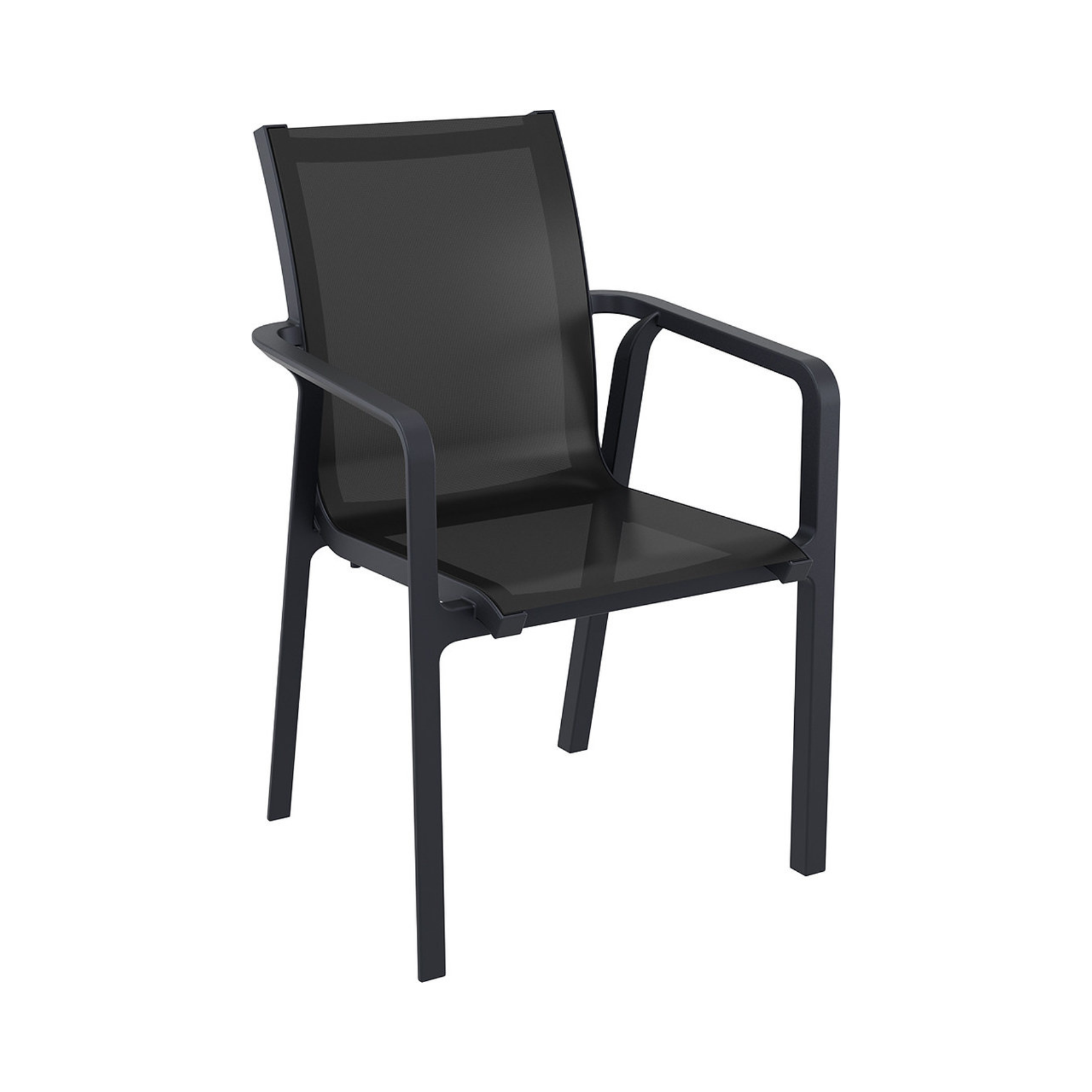 Transitional black outdoor dining arm chair with rounded arms and black mesh sling seat