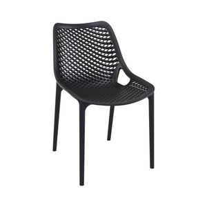 Contemporary indoor/outdoor polypropylene side chair, stackable, bold mesh style grid pattern, bucket seat, curved arms, black colour