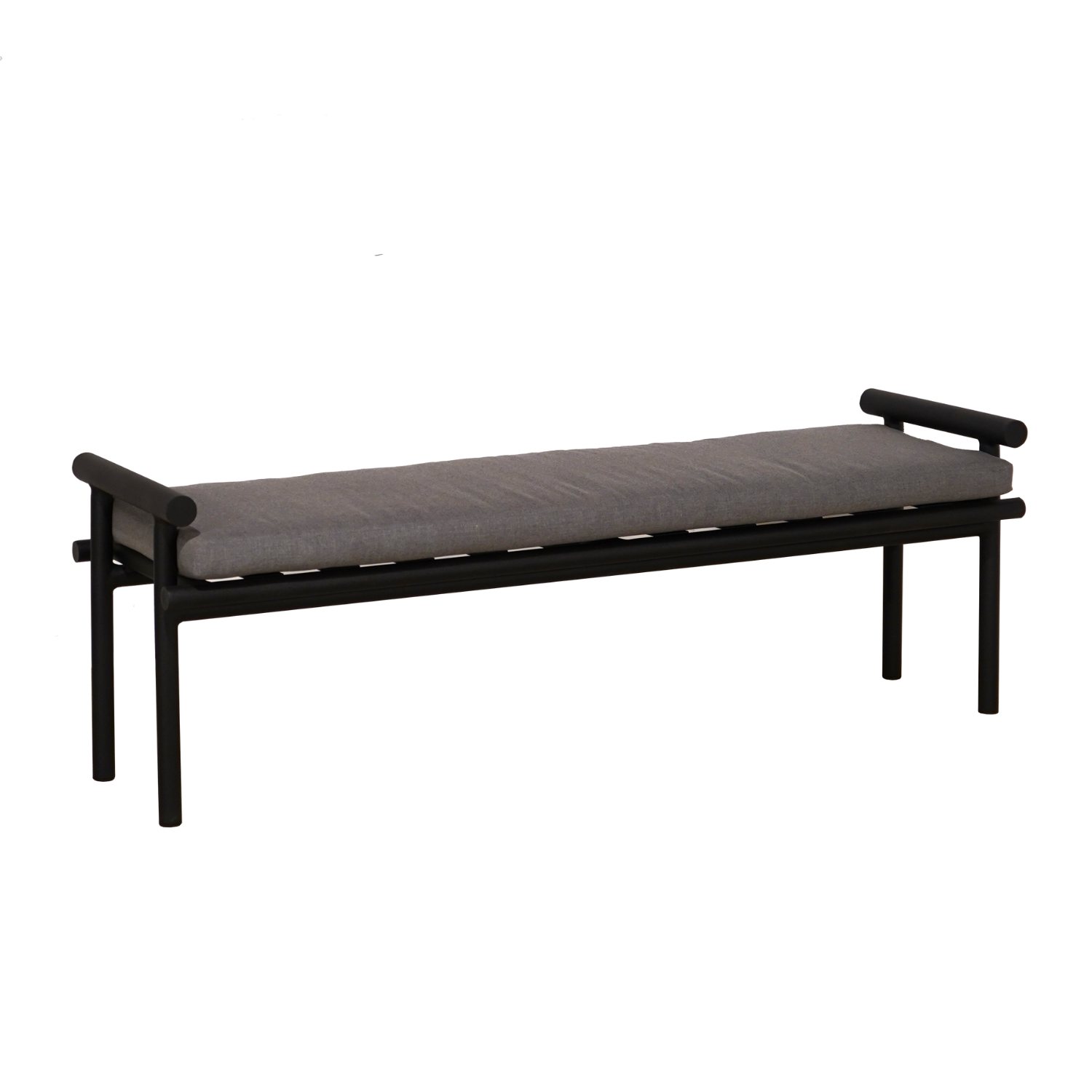 Premium outdoor rectangular bench, black aluminum frame, long bench seat cushion, mid century modern and Danish inspired design, tubular frame, straight lines, raised tubular edges on the two shorter ends