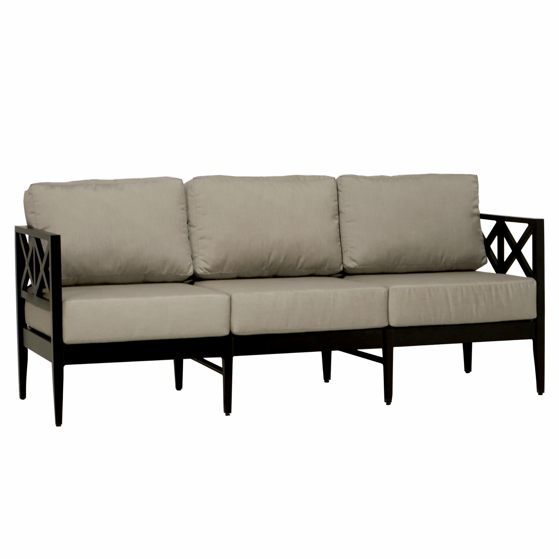 Transitional black aluminum framed sofa, x frame detail on sides and back, angular square arms, tapered legs, three deep back cushions and three deep seat cushions, tapered open legs