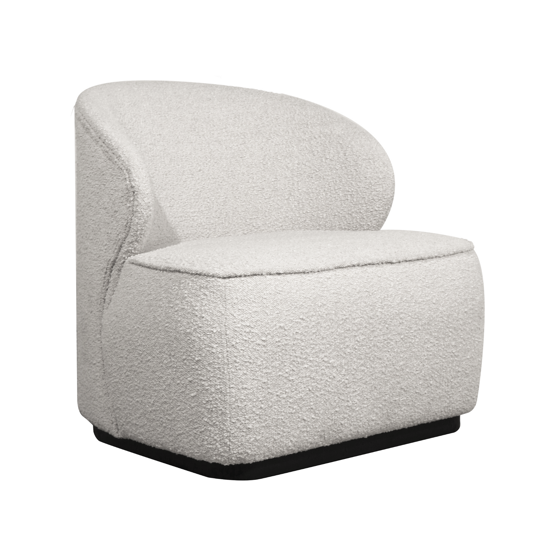 Luxury indoor chair, curved back, soft textured ivory boucle fabric, low back, soft upholstered sculptural curves