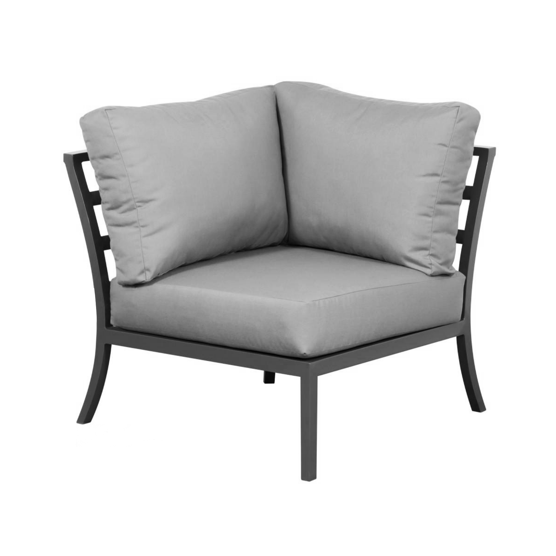 transitional aluminum corner unit, armless, powder-coated aluminum, open horizontal line frame, open curved legs, 1 seat cushion, 2 back cushions