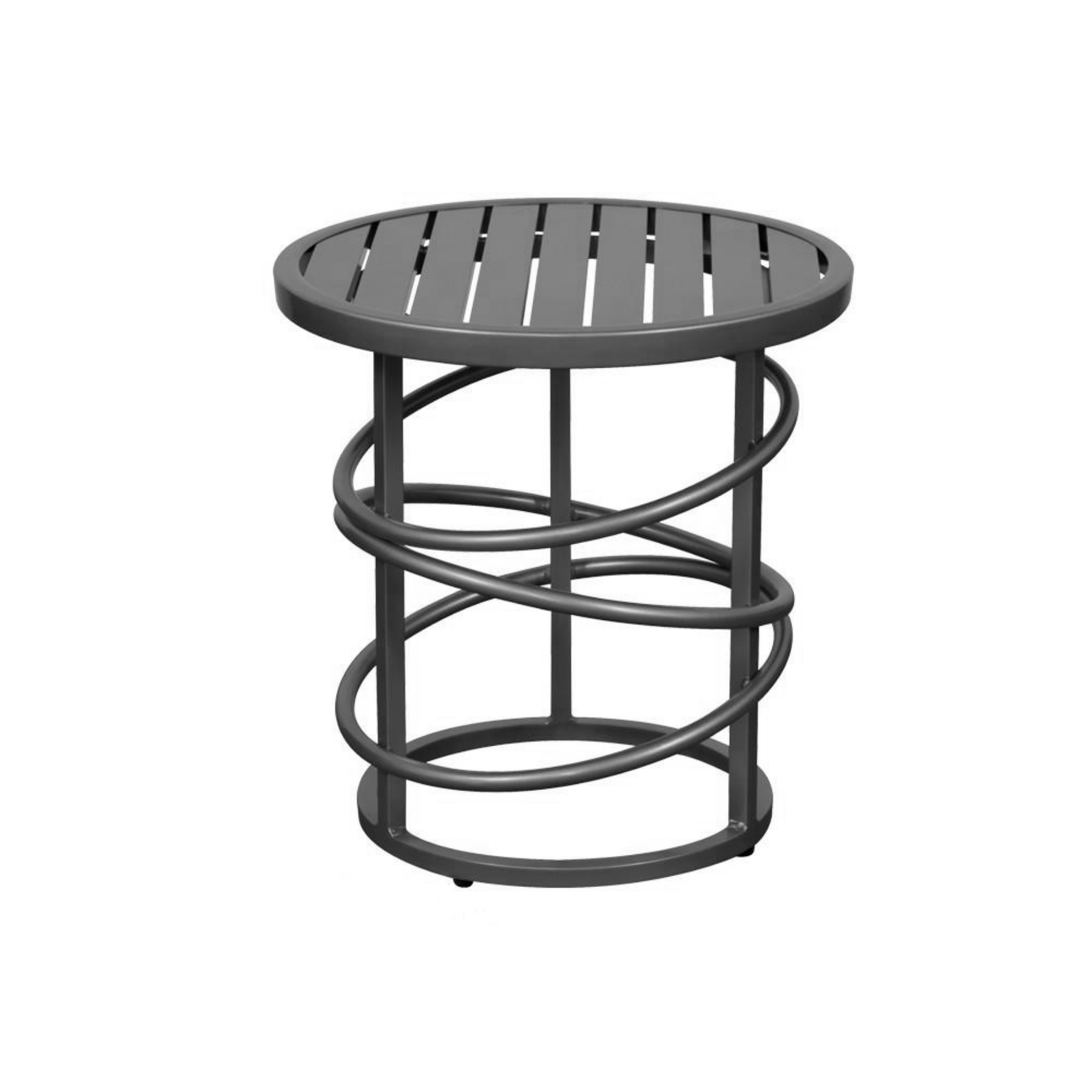 Transitional round aluminum end table, slatted top, three rings along legs, round ring base