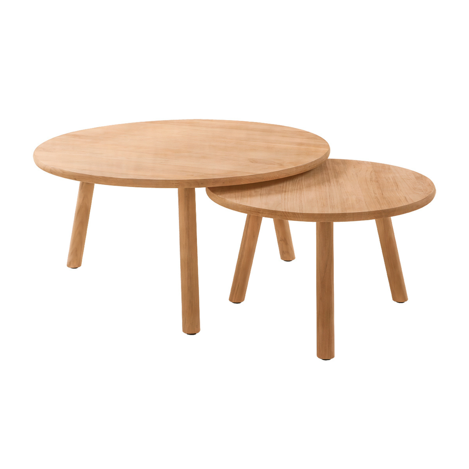 round natural grade a teak nesting coffee tables, tripod legs/base, smooth teak