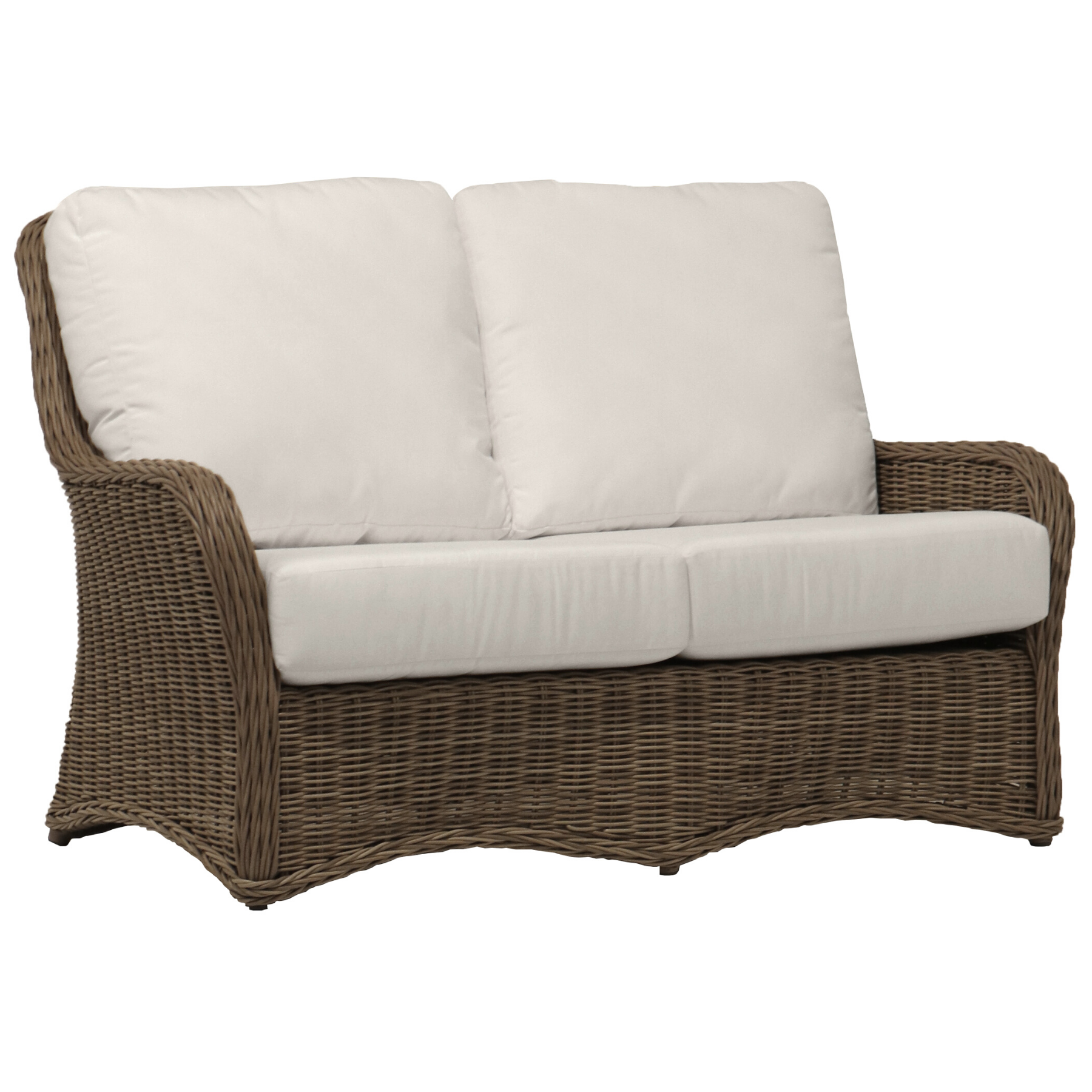 traditional synthetic wicker weave, aluminum framed loveseat, driftwood colour, deep back and seat cushion, rounded arms, weave sides, back and skirt