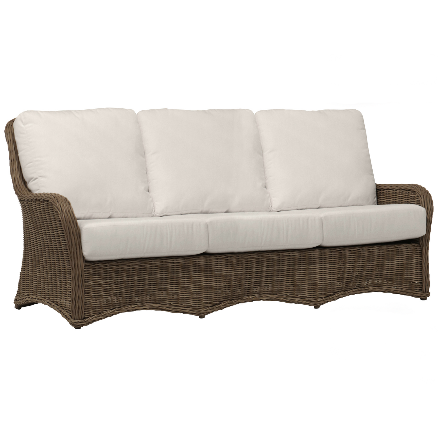 traditional synthetic wicker weave, aluminum framed sofa, driftwood colour, deep back and seat cushion, rounded arms, weave sides, back and skirt, 3 seat and 3 back cushions