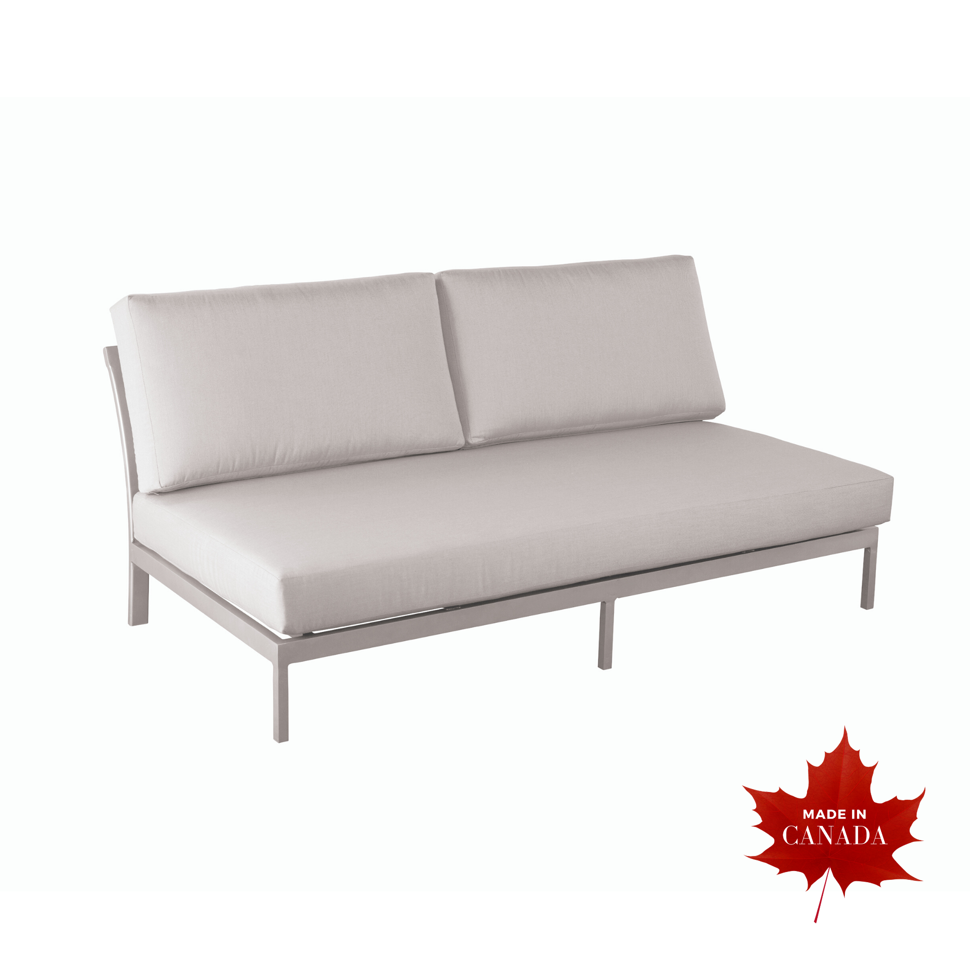 outdoor armless settee, 1 bench seat cushion, 2 back cushions, powder-coated aluminum frame, horizontally slatted backing on an angle at a comfortable recline