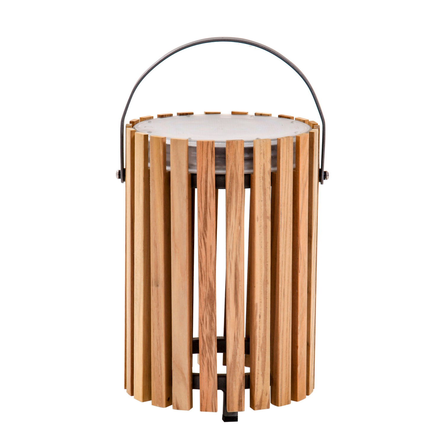 Premium outdoor teak pendant solar lamp, contemporary vertical teak slat design, solar and USB charging, dimmable, grey handle