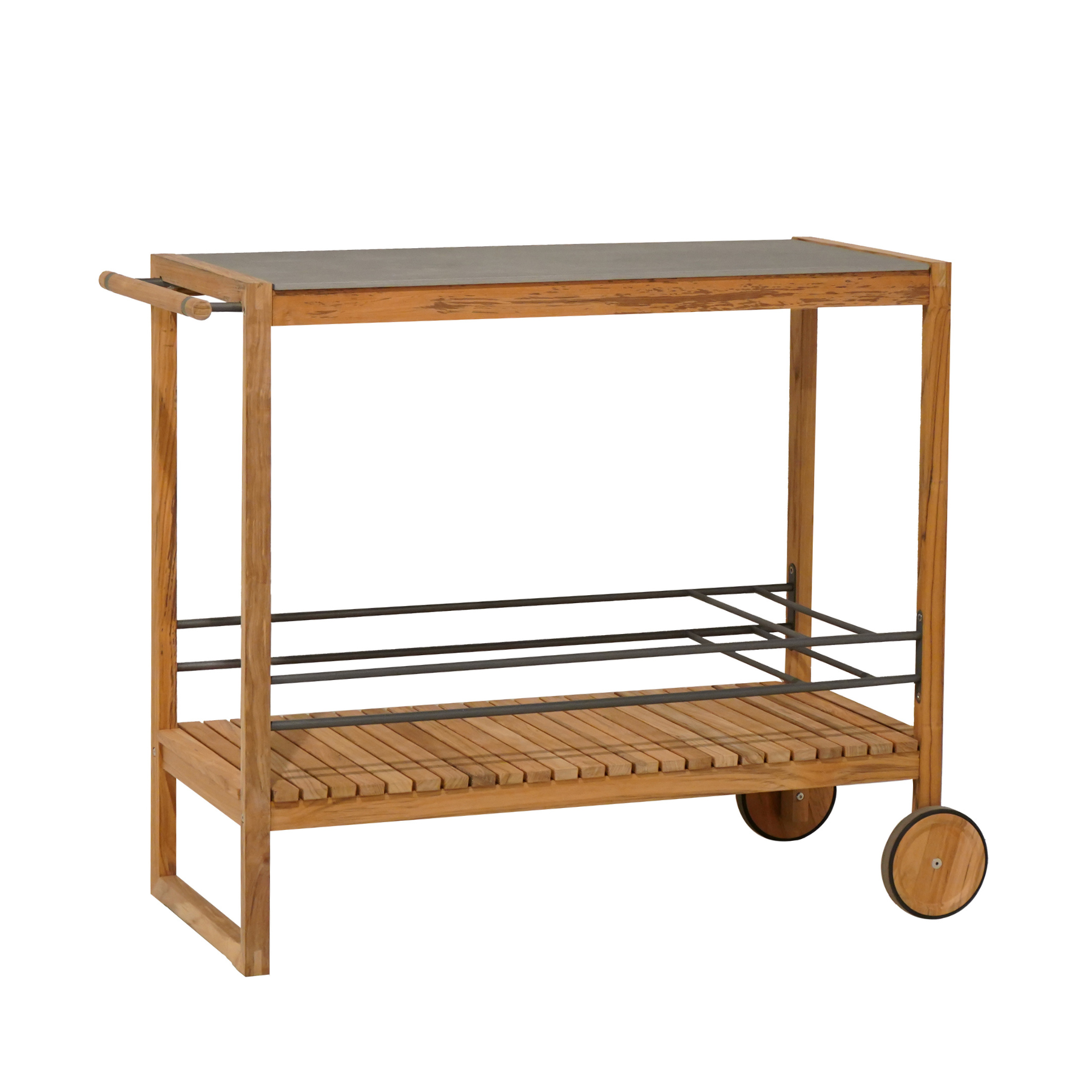 Premium contemporary outdoor teak bar cart, grey ceramic top, open lower slatted teak shelf, grey aluminum side bars on lower shelf, teak accents on wheels