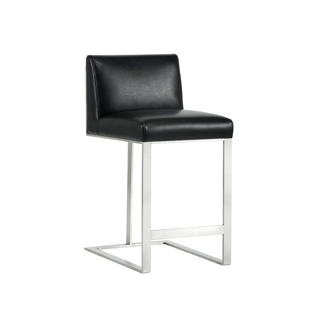 Premium indoor contemporary sleek counter/bar stool, black upholstered faux leather back and seat rest, polished stainless steel legs and foot rest in sleek design, steel accented square detail on back rest