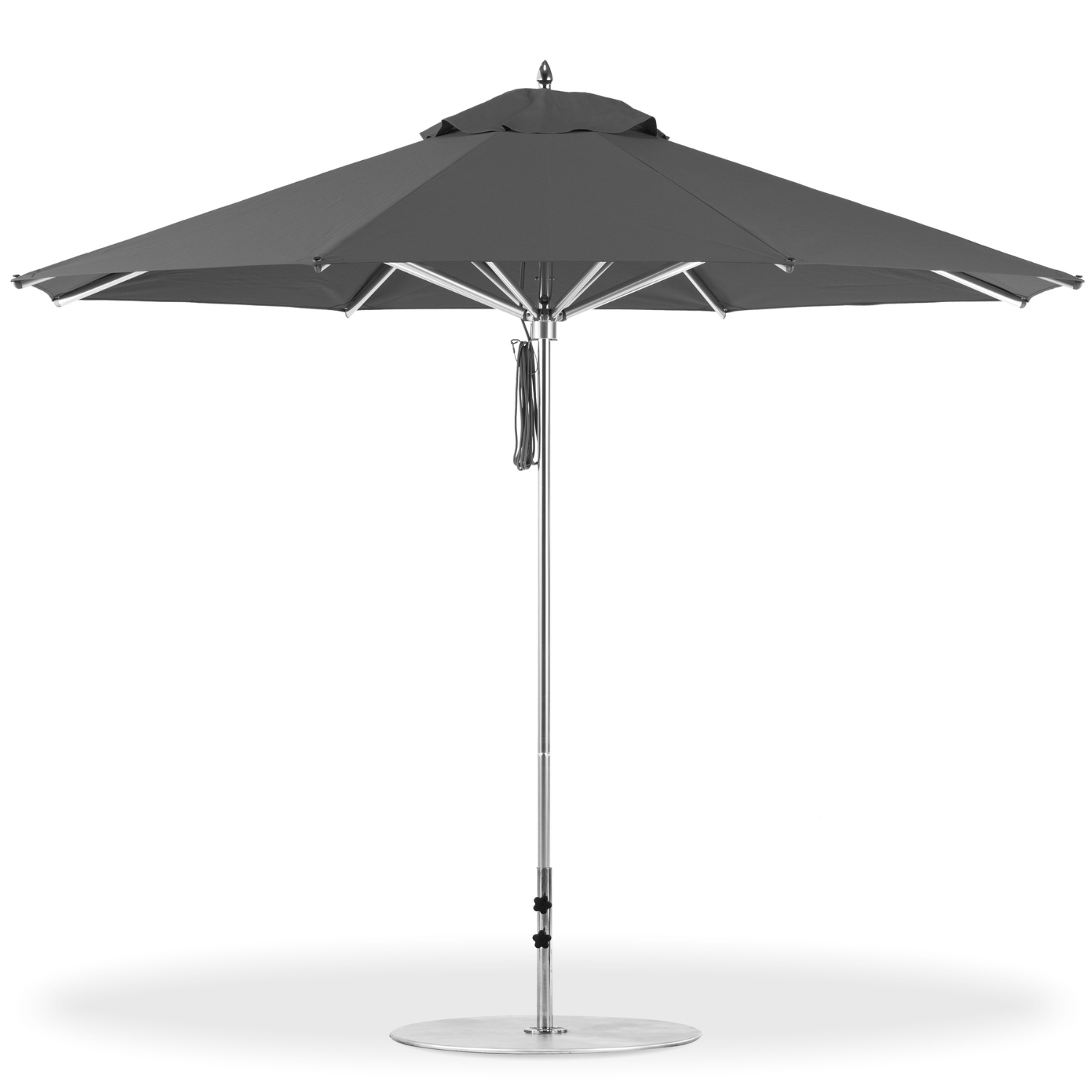 11 foot market umbrella by Frandford with dark grey marine grade fabric and polished silver frame, with pulley system lift.
