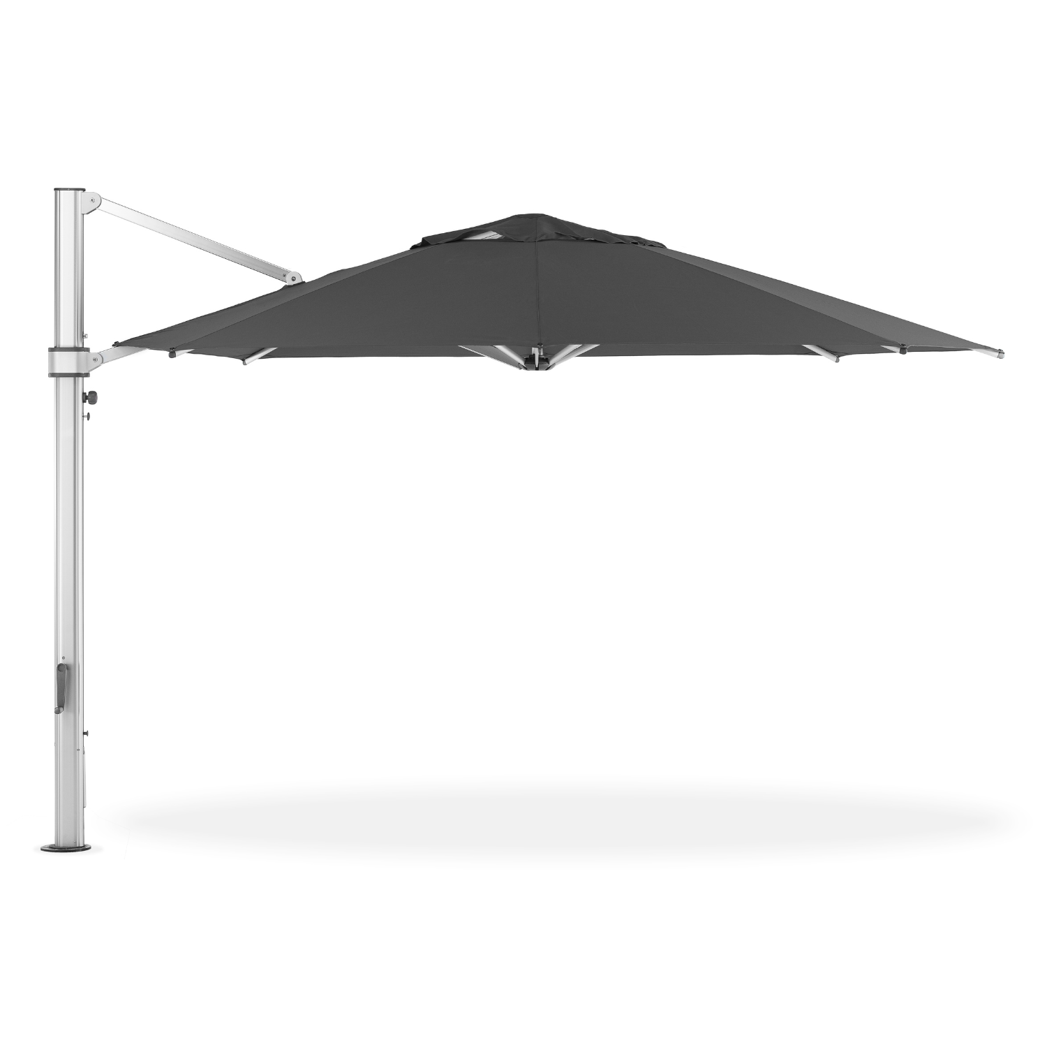 Designer 13' Octagon Cantilever umbrella with dark grey canopy and brushed silver frame