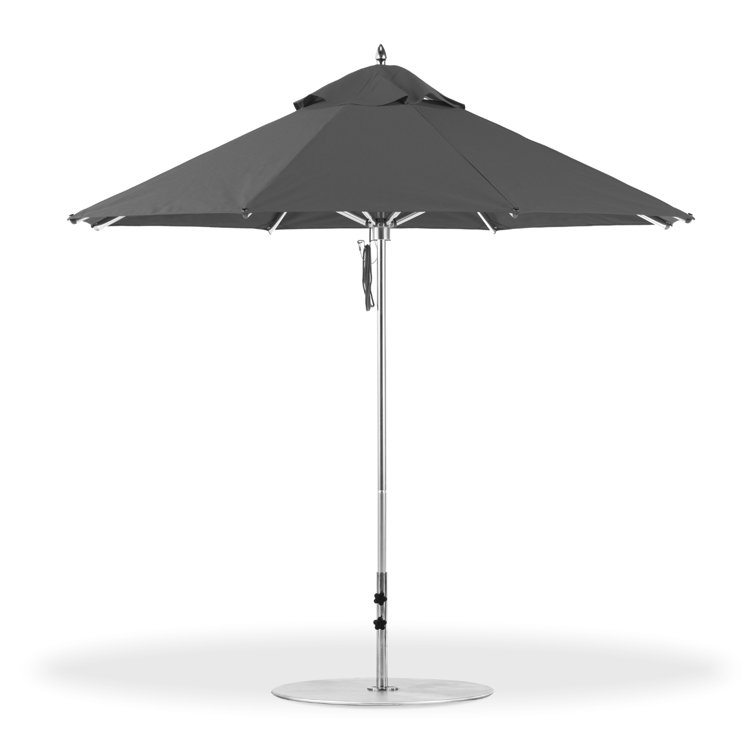 9' foot market umbrella by Frankford with dark grey marine grade fabric and polished silver frame, with pulley system lift.