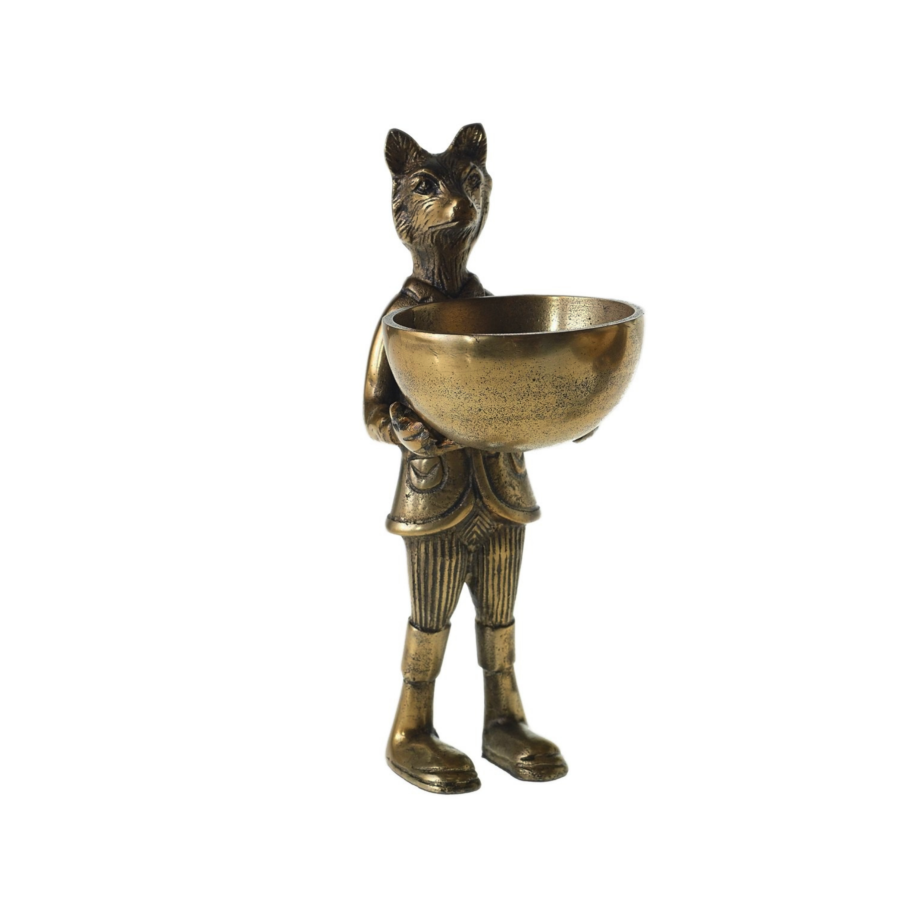 Fox carrying bowl dish stand, oil rubbed bronze finish, formal dressed whimsical fox