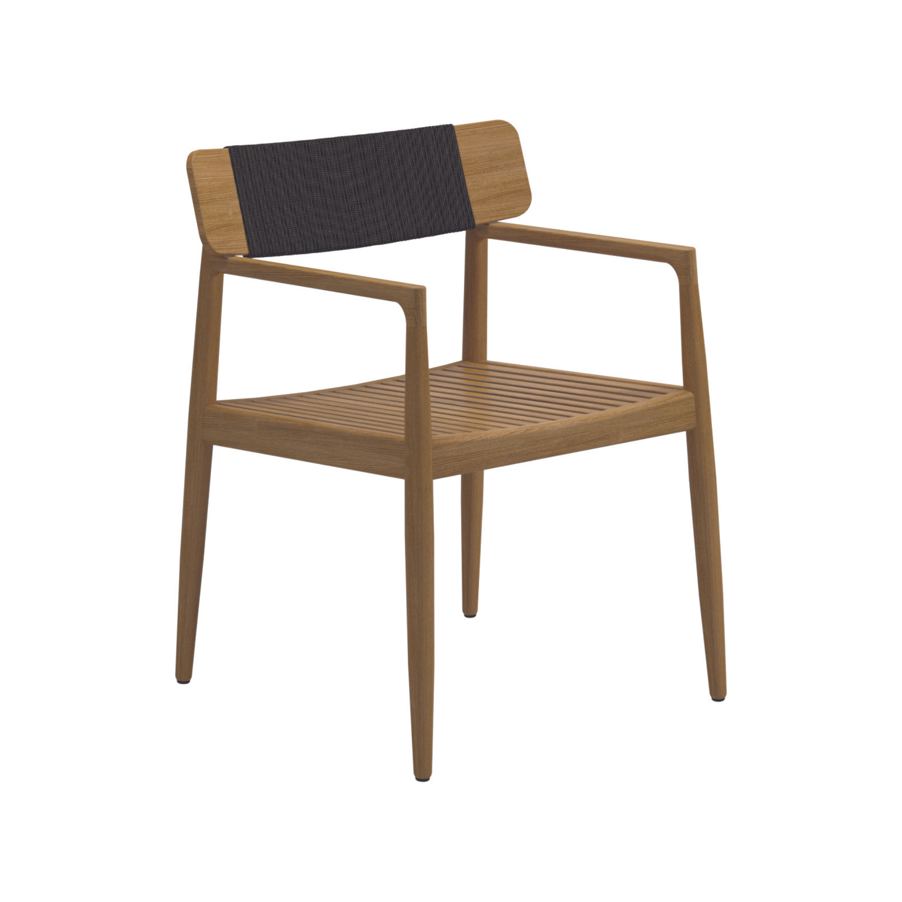 Premium outdoor teak dining arm chair, Sleek mid century inspired design, raven black rope detailing on back rest, open arms, back and legs, slatted seat, tapered legs