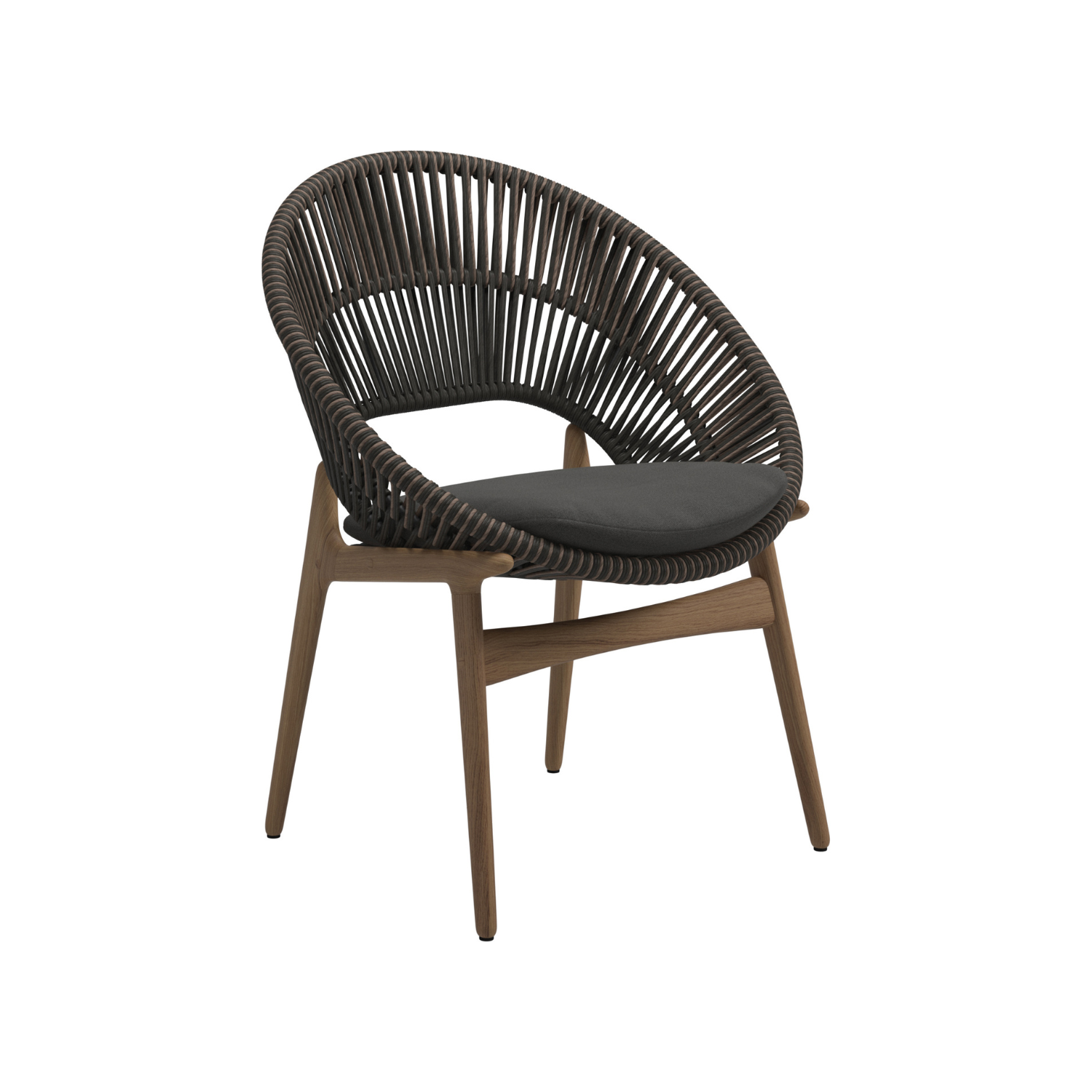 Gloster Bora Dining Chair in Umber weave with Blen Coal Sunbrella seat cushion and modern teak frame.