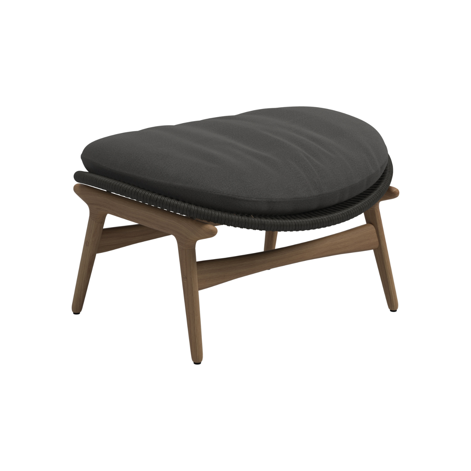 Gloster Bora Ottoman in Umber weave with Blen Coal Sunbrella seat cushion and modern teak frame.