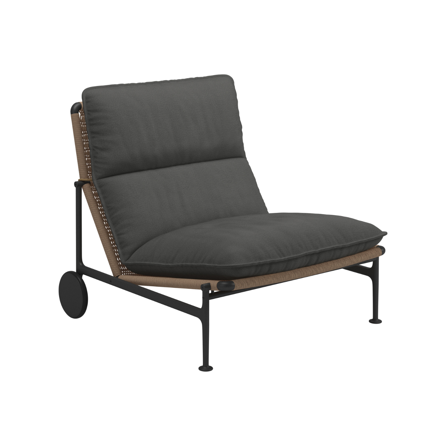 Gloster Zenith Armless Lounge Chair in meteor grey tubular aluminum frame with wheat coloured modern wicker seat and wheels.