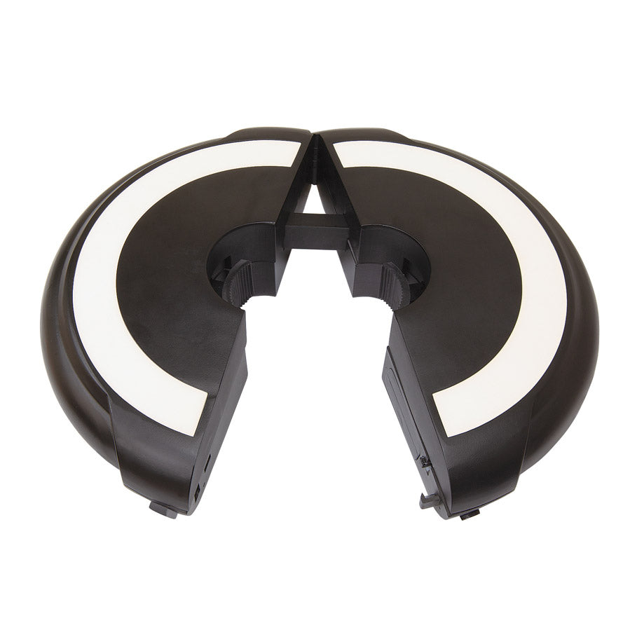 Premium outdoor round black rechargeable light, opens to attach to umbrella pole