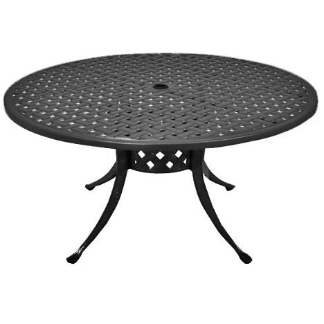 Premium outdoor round aluminum table, basket weave pattern top, four curved legs extending from centre, umbrella hole in centre, tubular centre pole, traditional design