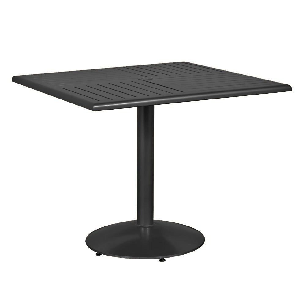 Premium transitional aluminum outdoor 36 “ square dining table, slatted top, clean architectural lines, umbrella hole in center, tubular centre pole with flat round clean base