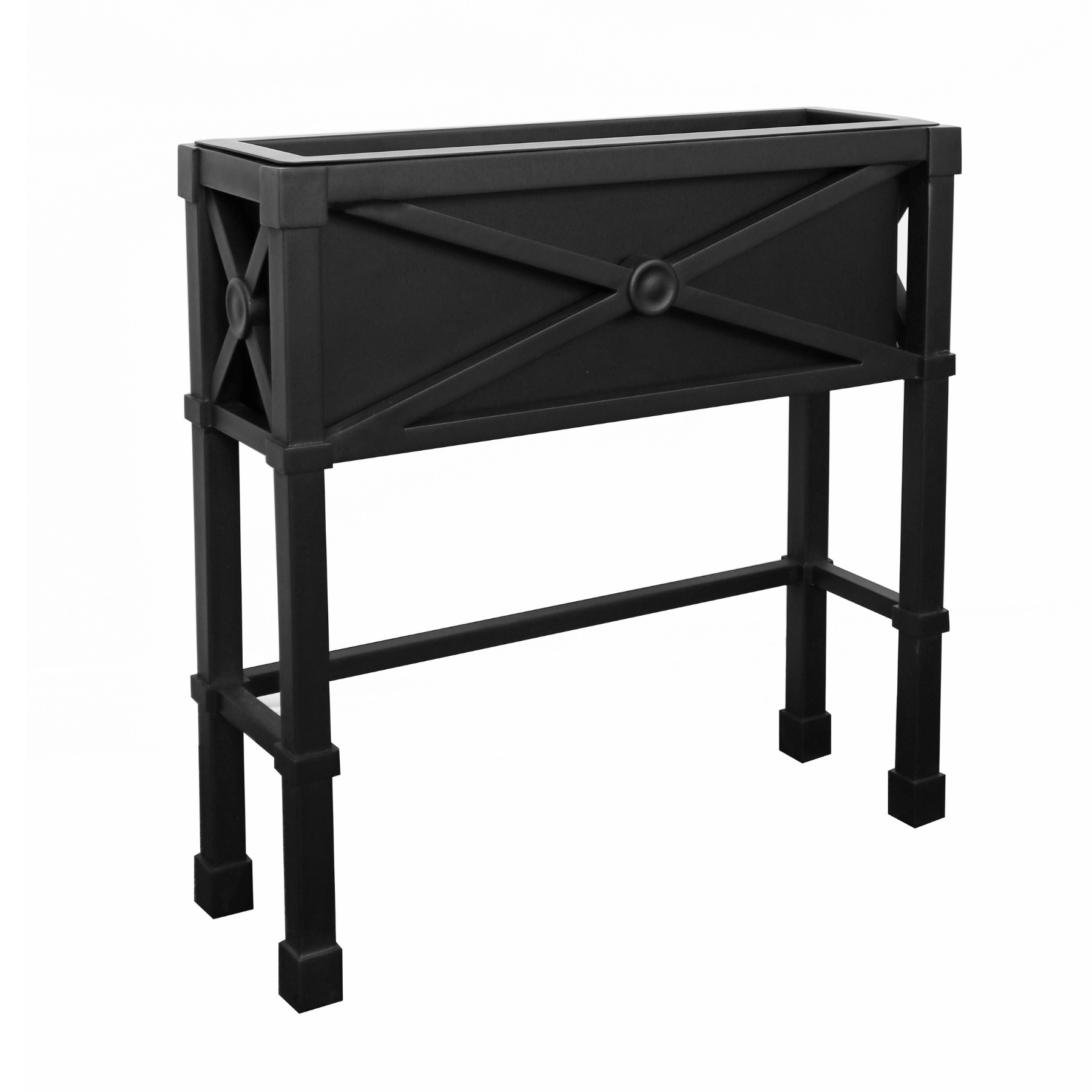 Premium traditional elegant style square tall elevated planter box, slate black powder coated aluminum, X details on all sides with round center medallion detail