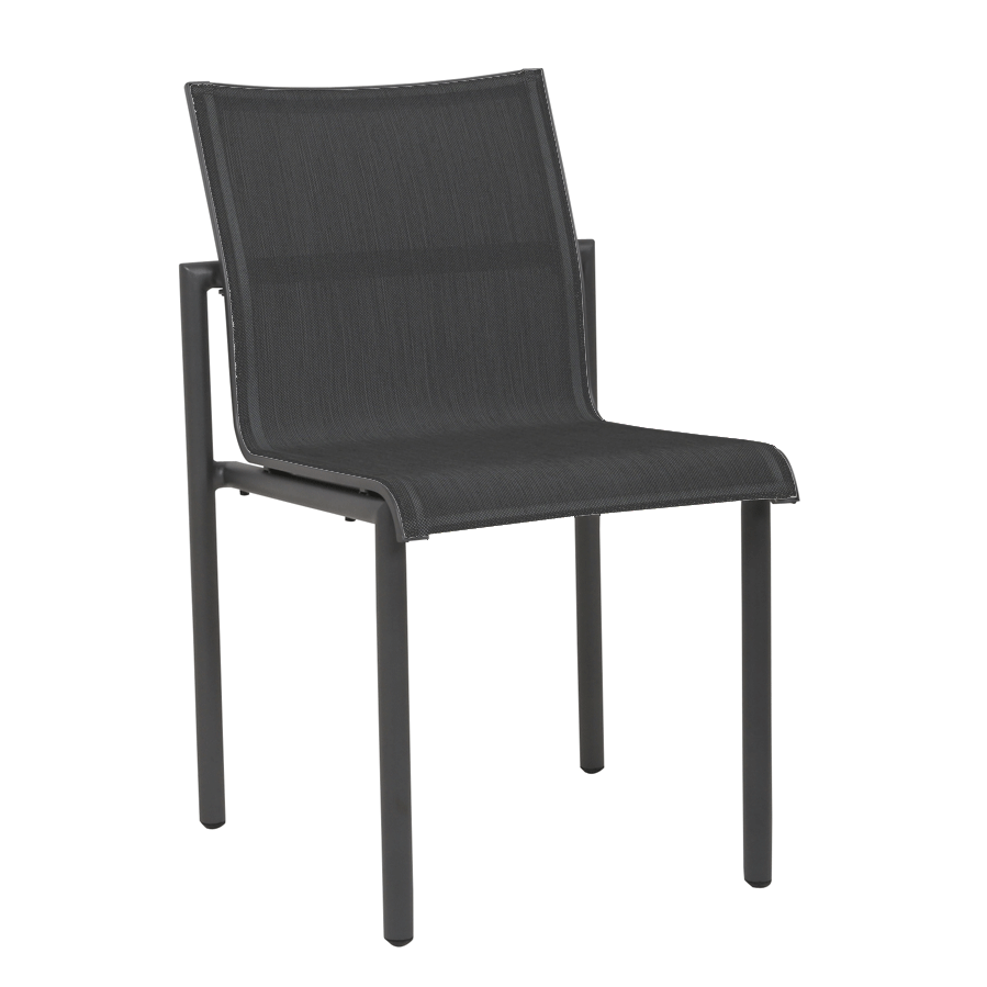 Premium outdoor side chair , sleek mix of slate grey tubular aluminum frame, teak detailing on back of seat frame, slate grey mesh sling seat