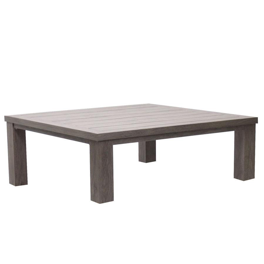 faux wood outdoor square coffee table, block legs, slatted top, faux grey salvaged lumber look