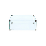 Premium square clear glass wind guard for firepit tables, polished stainless steel accents at top and bottom of corners