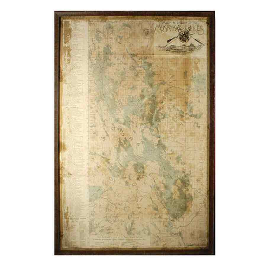 Vintage looking map of Algonquin Park, dark stained live edge wood frame with glass, weathered look